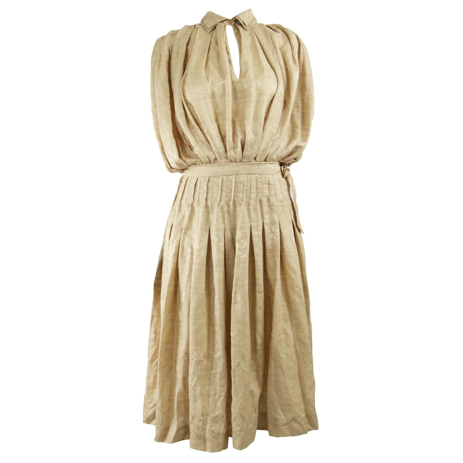 Laura Biagiotti Vintage Beige Pleated Silk Jacquard Blouson Dress, 1980s