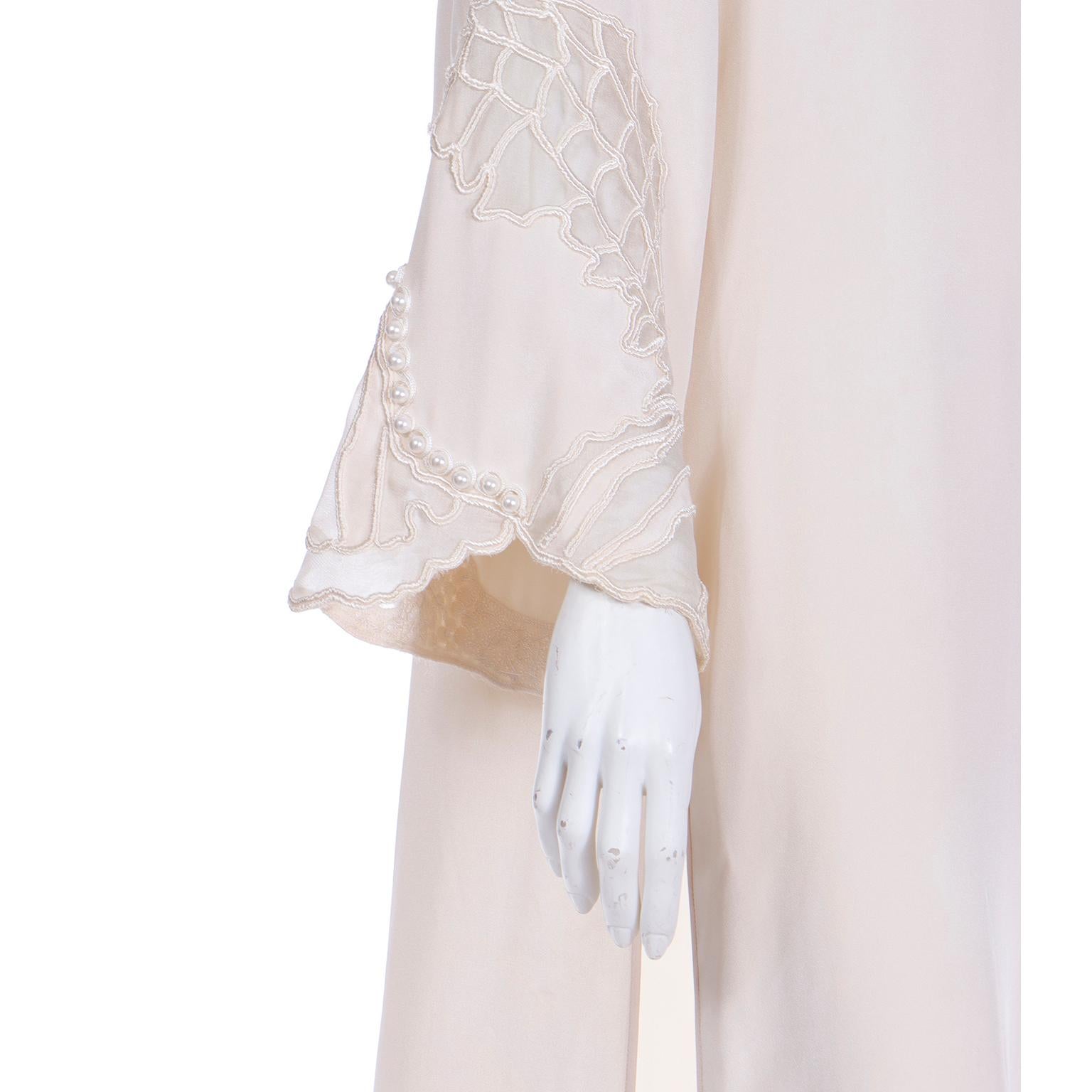 Laura Biagiotti Vintage Ivory Caftan Style Dress With Embroidery and Pearls 6