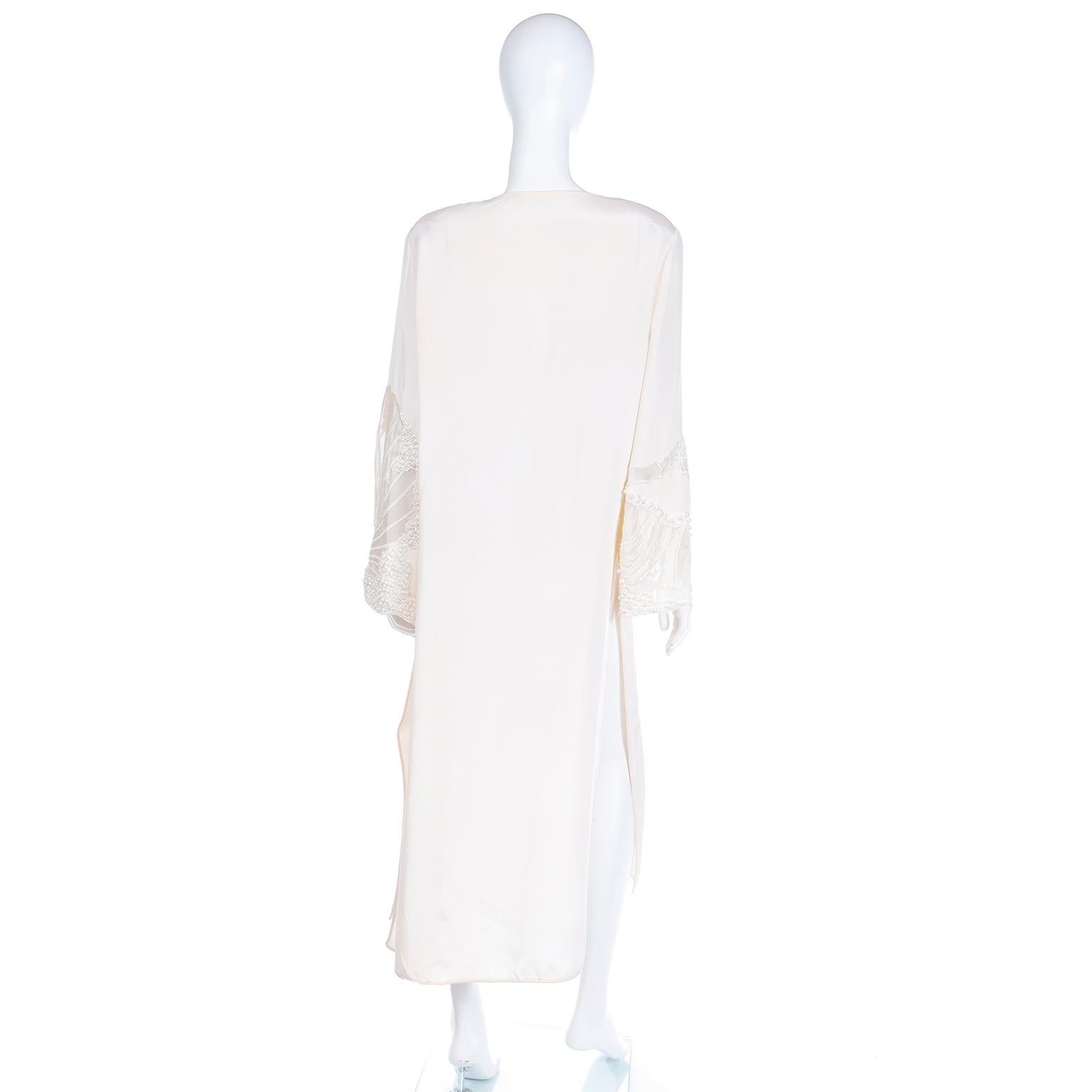 Laura Biagiotti Vintage Ivory Caftan Style Dress With Embroidery and Pearls 2