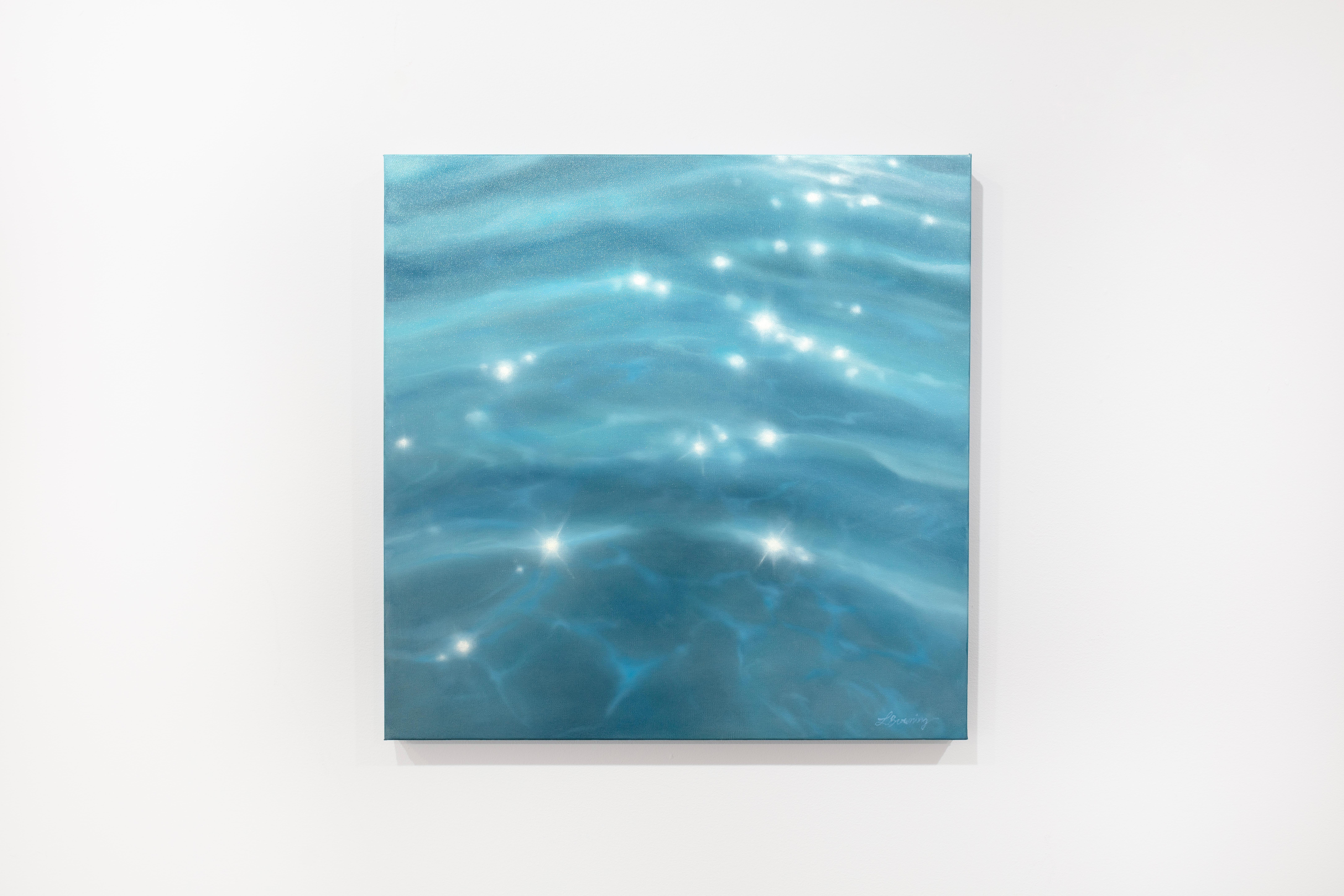 This blue coastal oil painting by artist Laura Browning features a cropped view of open water as light reflects and glistens off its surface. The painting measures 24" x 24" and is made on gallery wrapped canvas, with the painting continuing over
