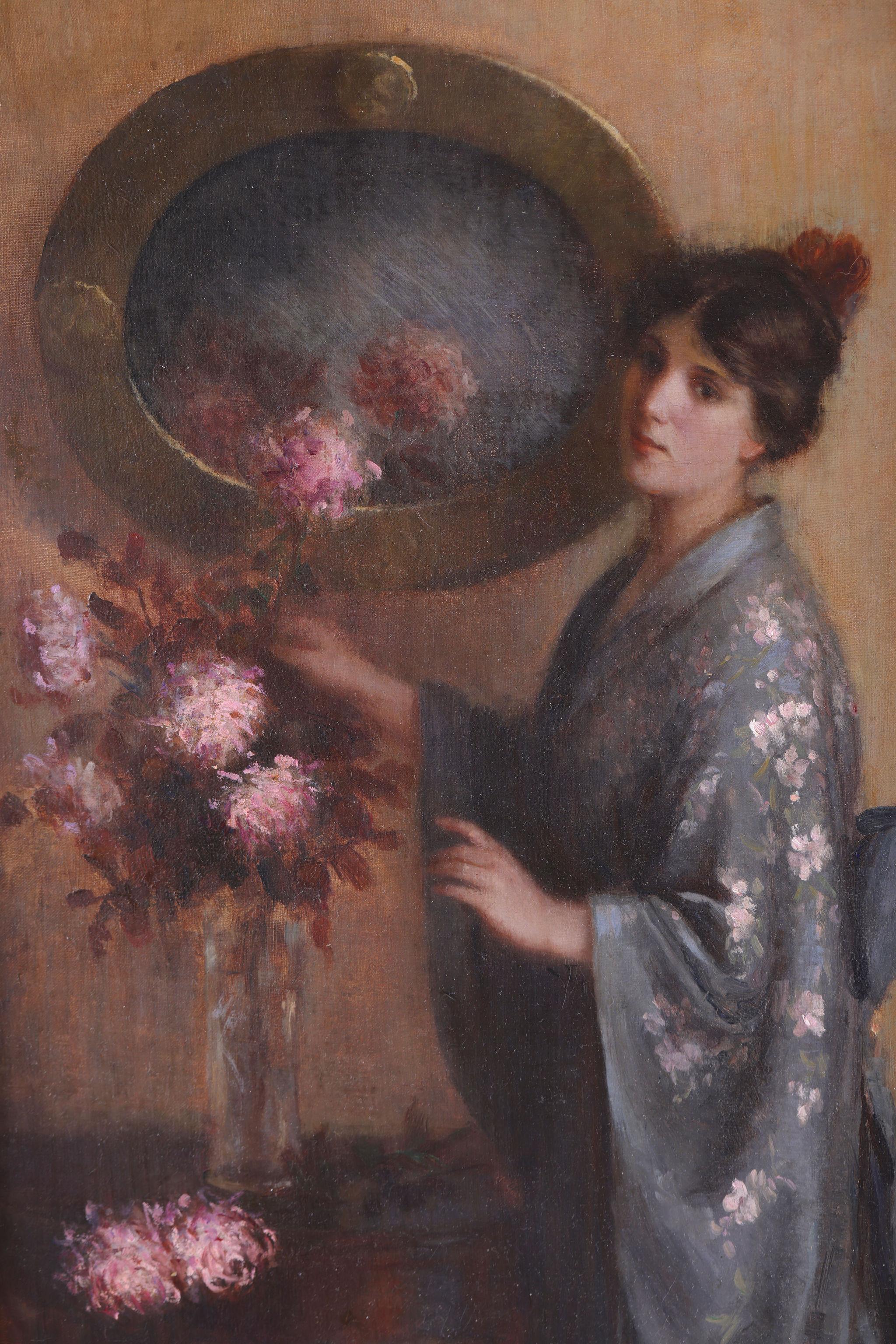 'The Blue Kimono' , An antique painting, oil on canvas by Laura E. Brumm For Sale 4