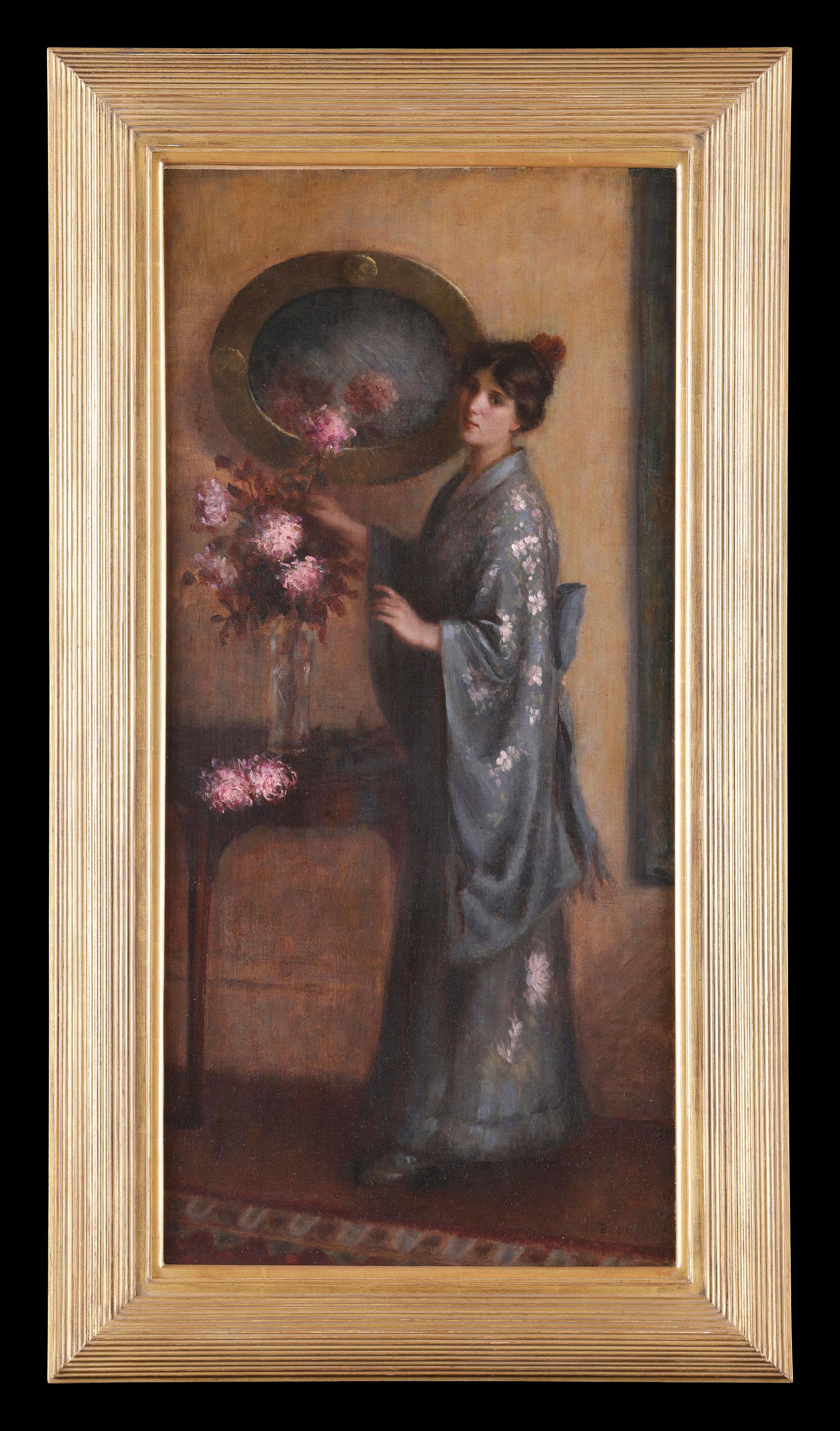 'The Blue Kimono' , An antique painting, oil on canvas by Laura E. Brumm For Sale 7