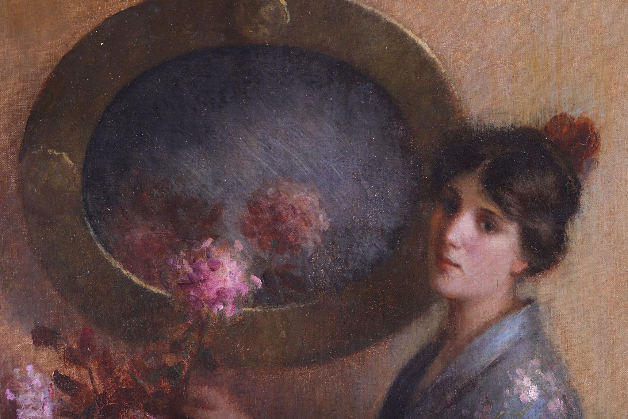 'The Blue Kimono' , An antique painting, oil on canvas by Laura E. Brumm - Painting by Laura Brumm