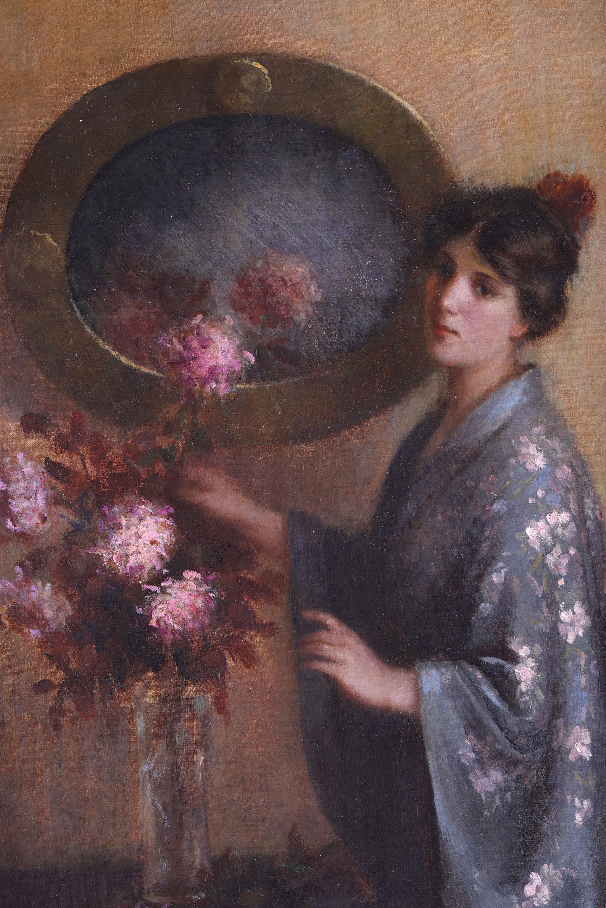 'The Blue Kimono' , An antique painting, oil on canvas by Laura E. Brumm - Victorian Painting by Laura Brumm