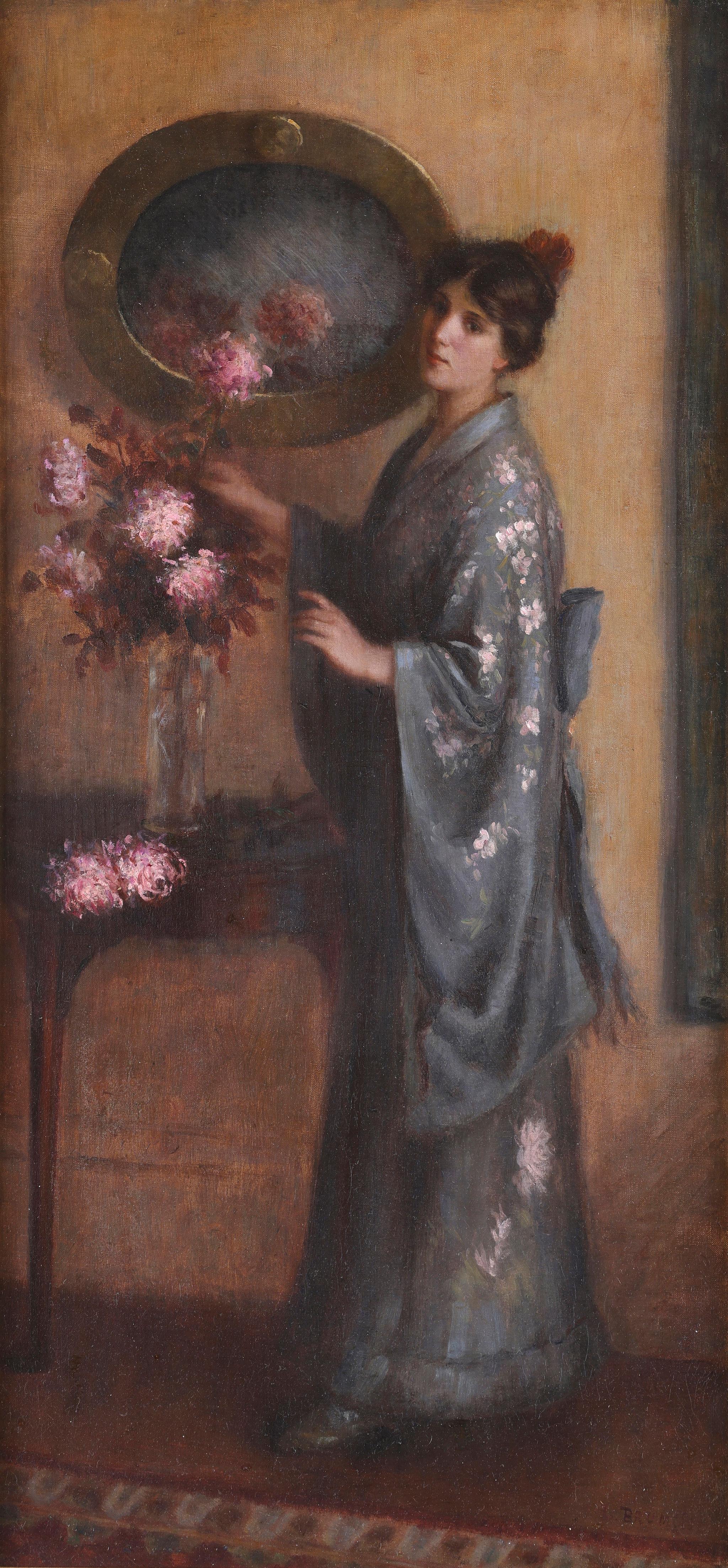 'The Blue Kimono' , An antique painting, oil on canvas by Laura E. Brumm For Sale 1