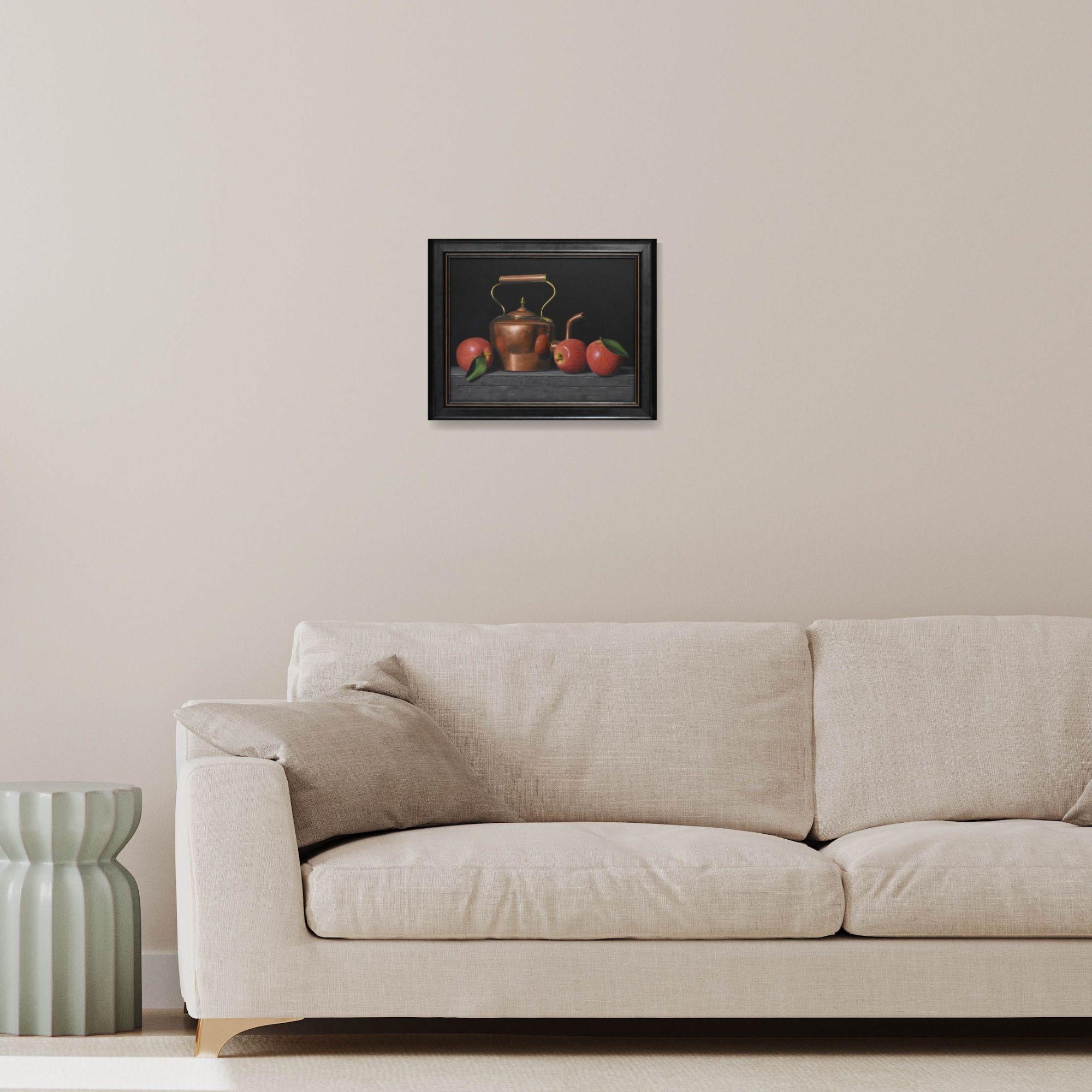 Apples and Copper Kettle - original realism still life acrylic painting art - Painting by Laura Critchlow