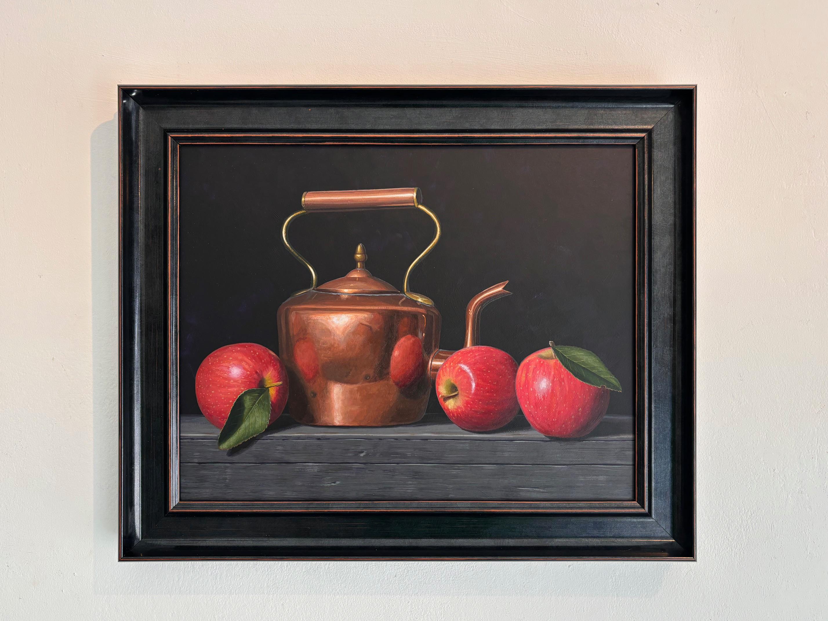 Apples and Copper Kettle - original realism still life acrylic painting art - Realist Painting by Laura Critchlow
