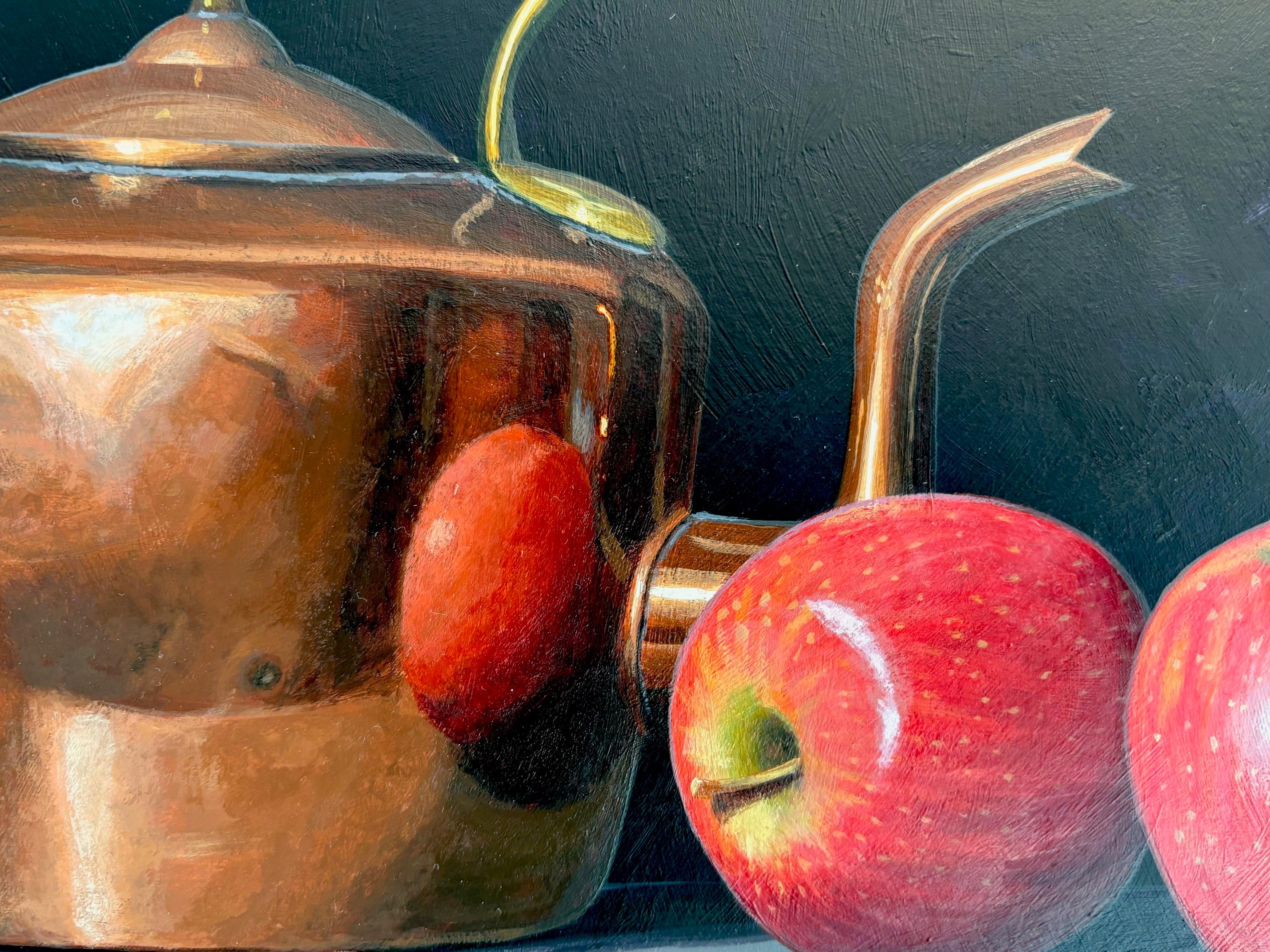 This exceptional artwork is currently on display and available for sale at Signet Contemporary Art Gallery and online.

In Apples and Copper Kettle, Laura Critchlow invites us into the world of hyperrealism with an extraordinary still life