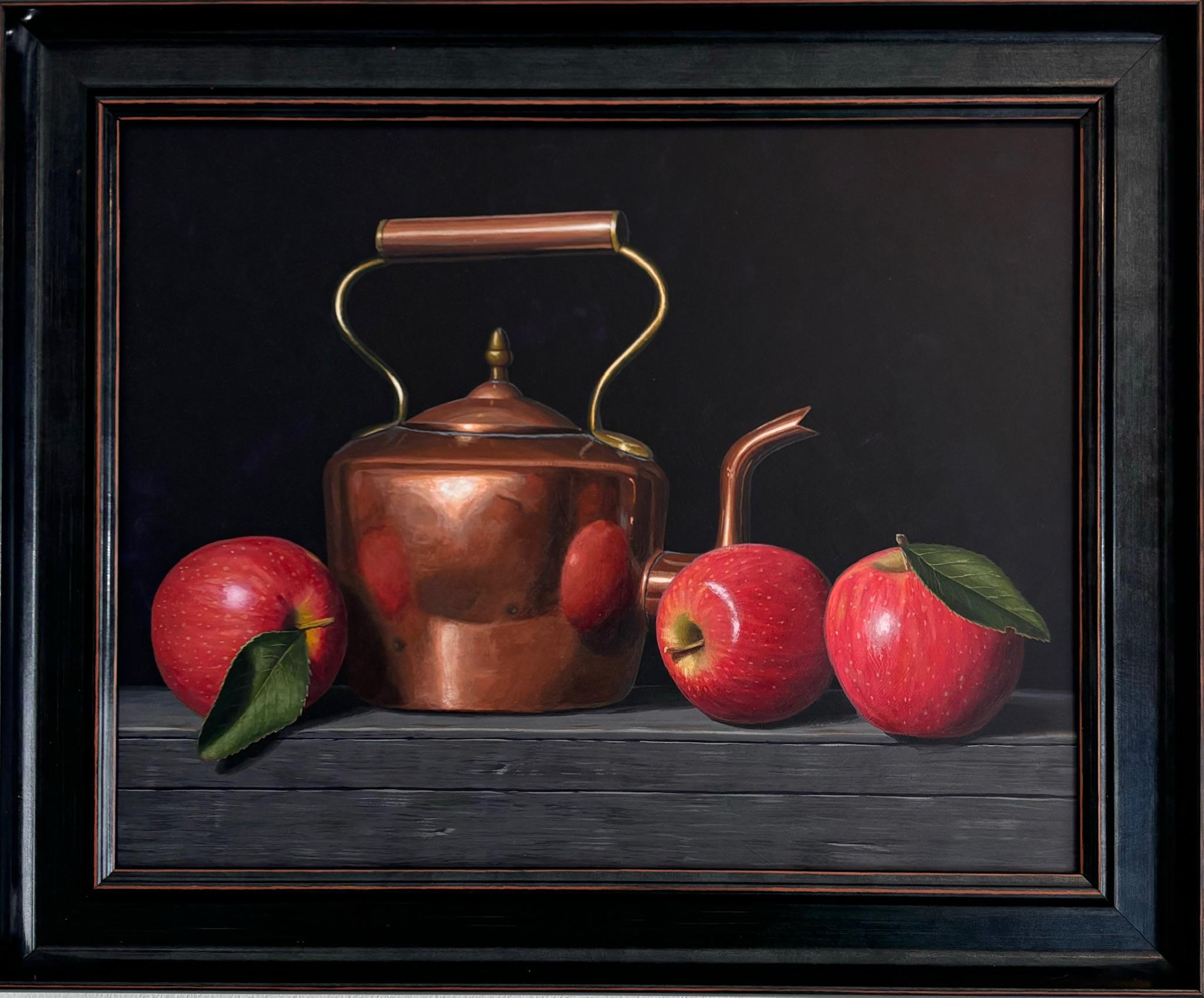 Mele e bollitore di rame - pittura acrilica originale realistica di natura morta