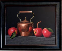 Mele e bollitore di rame - pittura acrilica originale realistica di natura morta