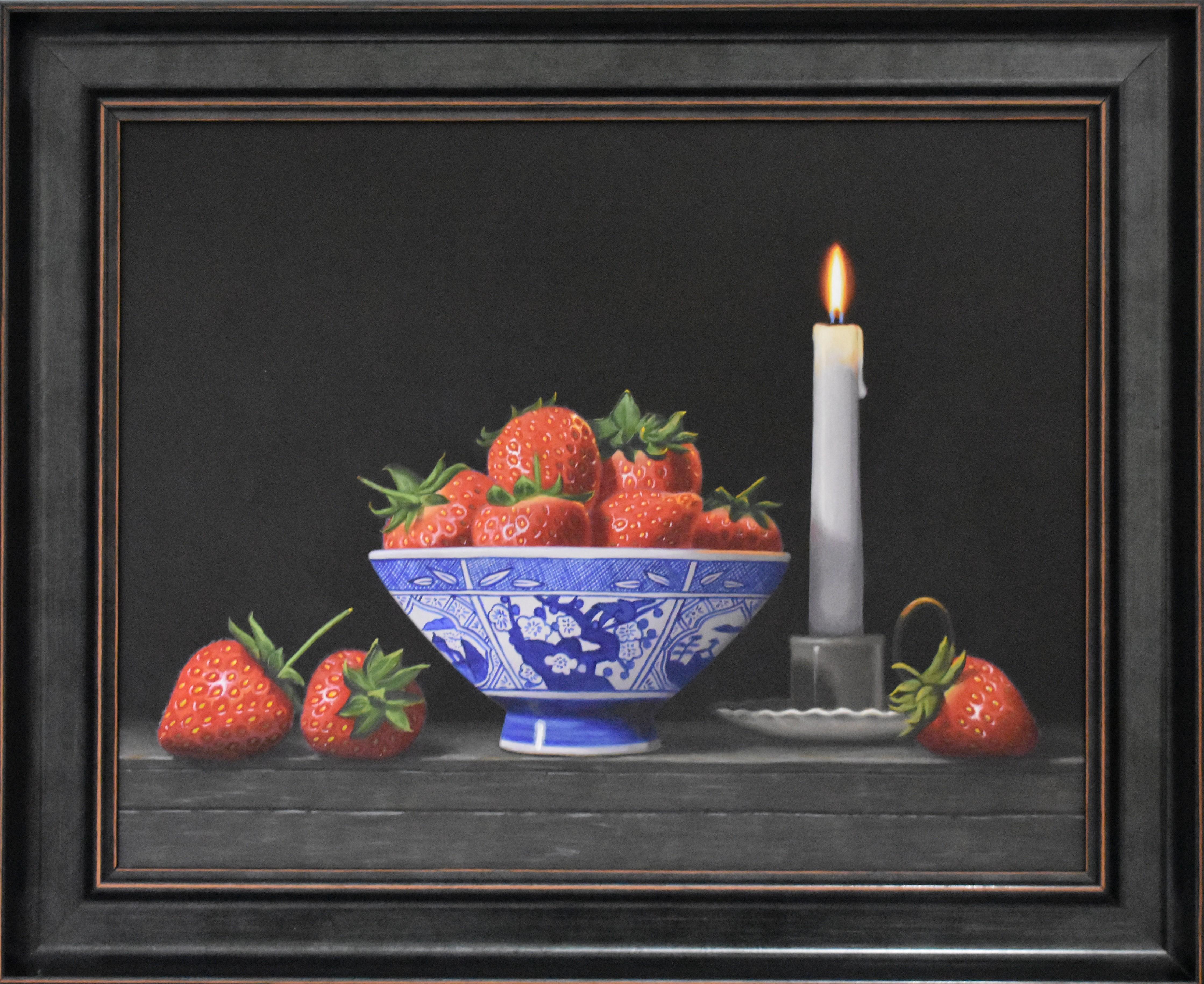 Laura Critchlow Interior Painting - Blossom Bowl and Strawberries - original realism still life painting - art