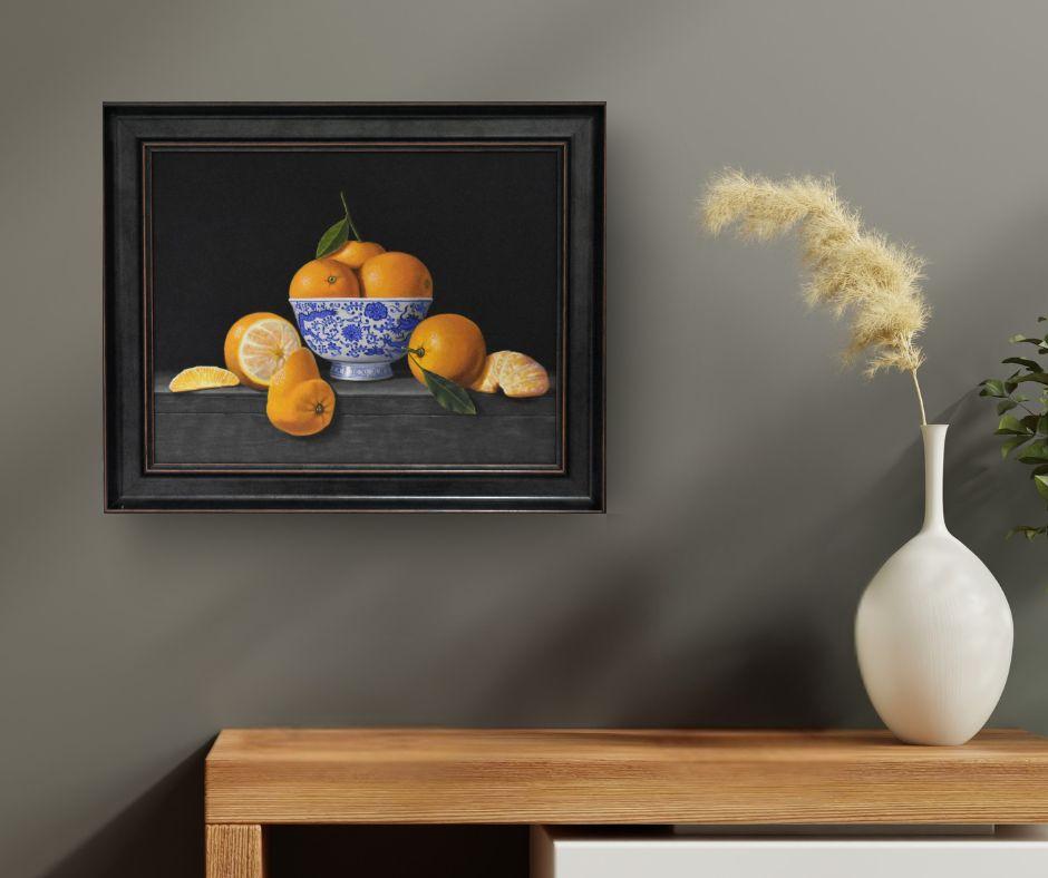 Dragon Bowl and Oranges - original realism still life painting -contemporary art - Painting by Laura Critchlow