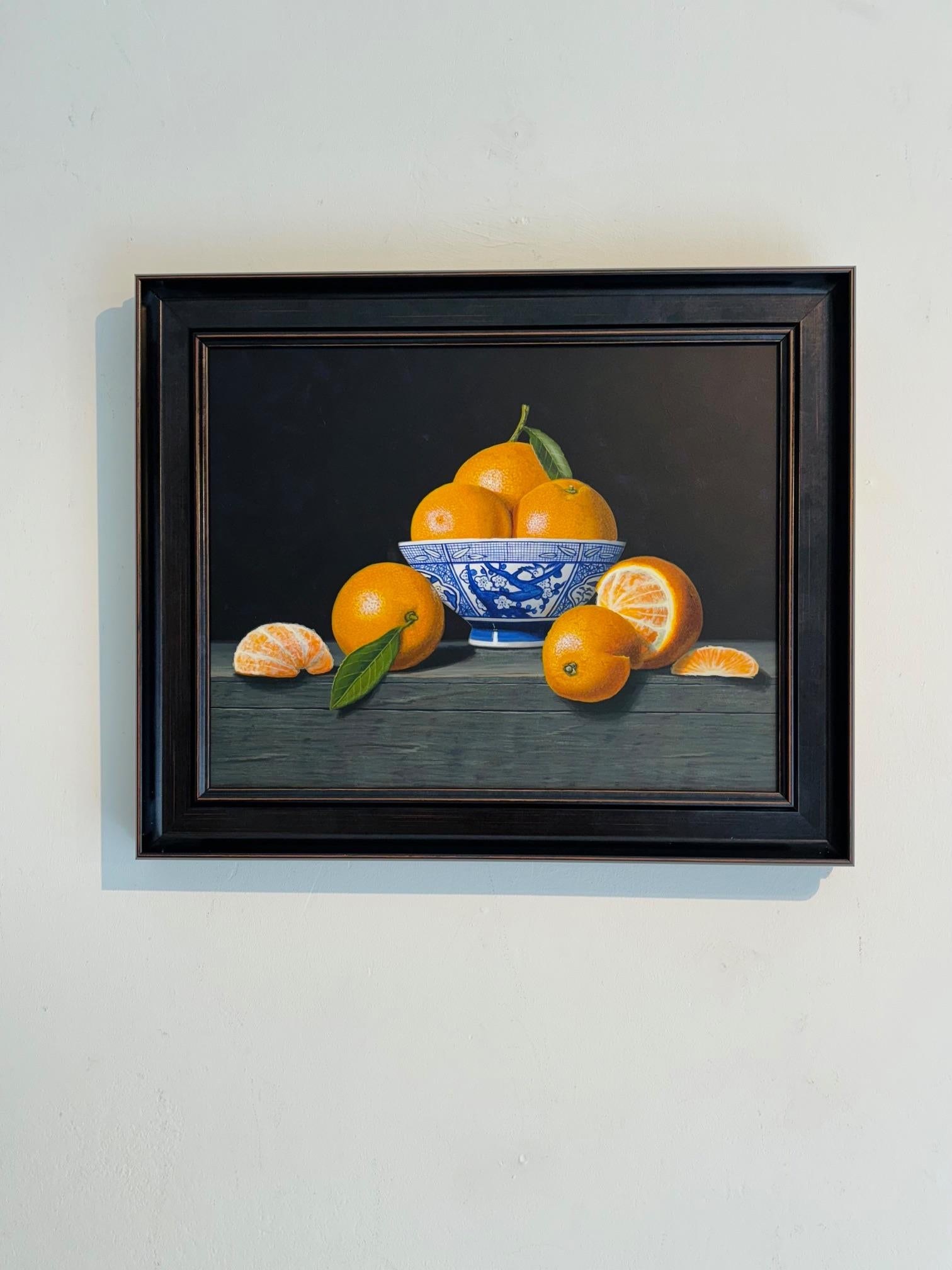 Oranges in a blue bowl - original realism still life acrylic painting art - Painting by Laura Critchlow