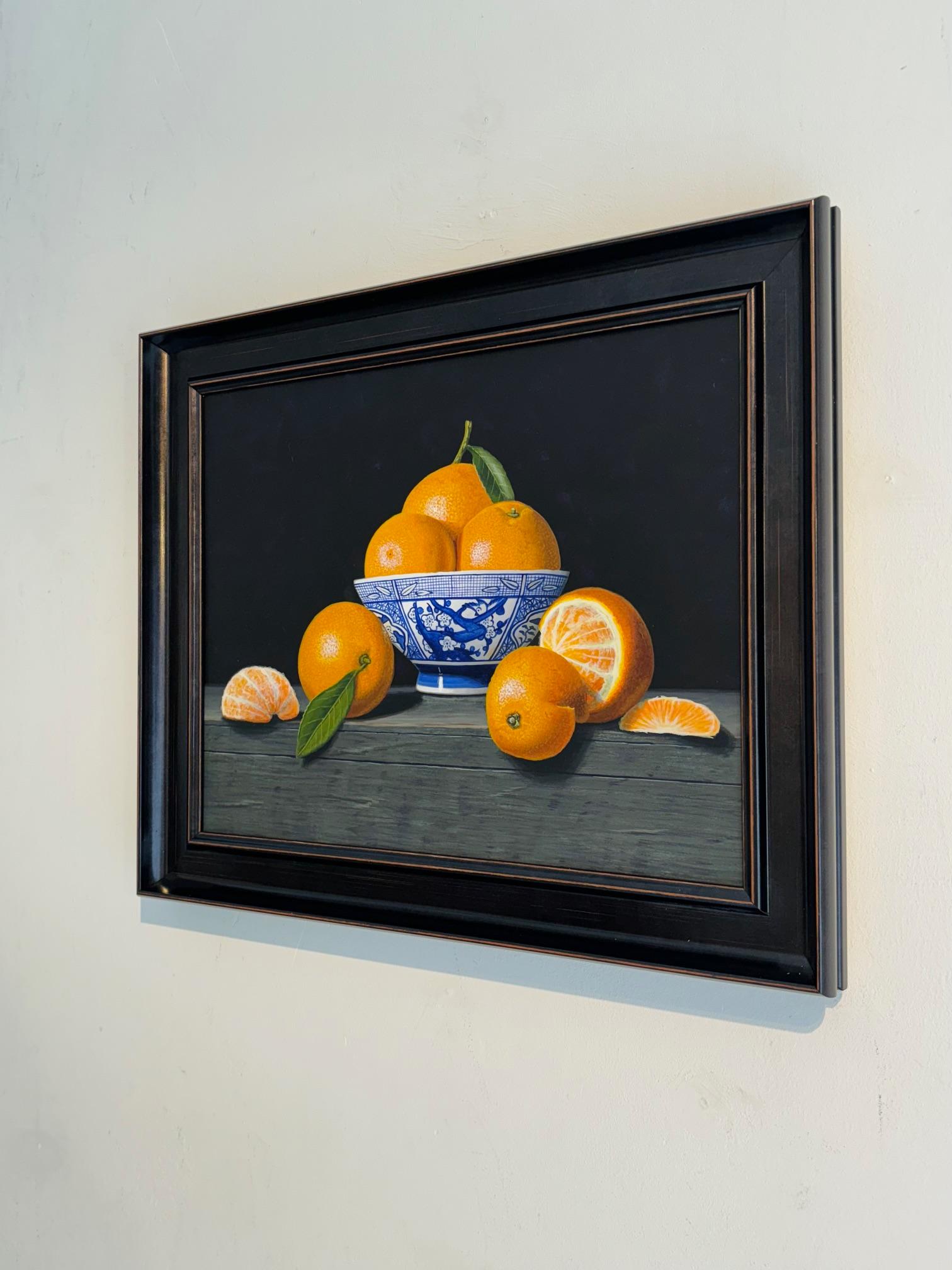 Oranges in a blue bowl - original realism still life acrylic painting art - Realist Painting by Laura Critchlow