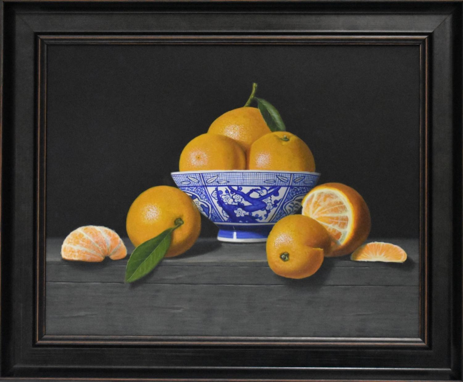 Oranges in a blue bowl - original realism still life acrylic painting art