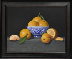 Oranges in a blue bowl - original realism still life acrylic painting art