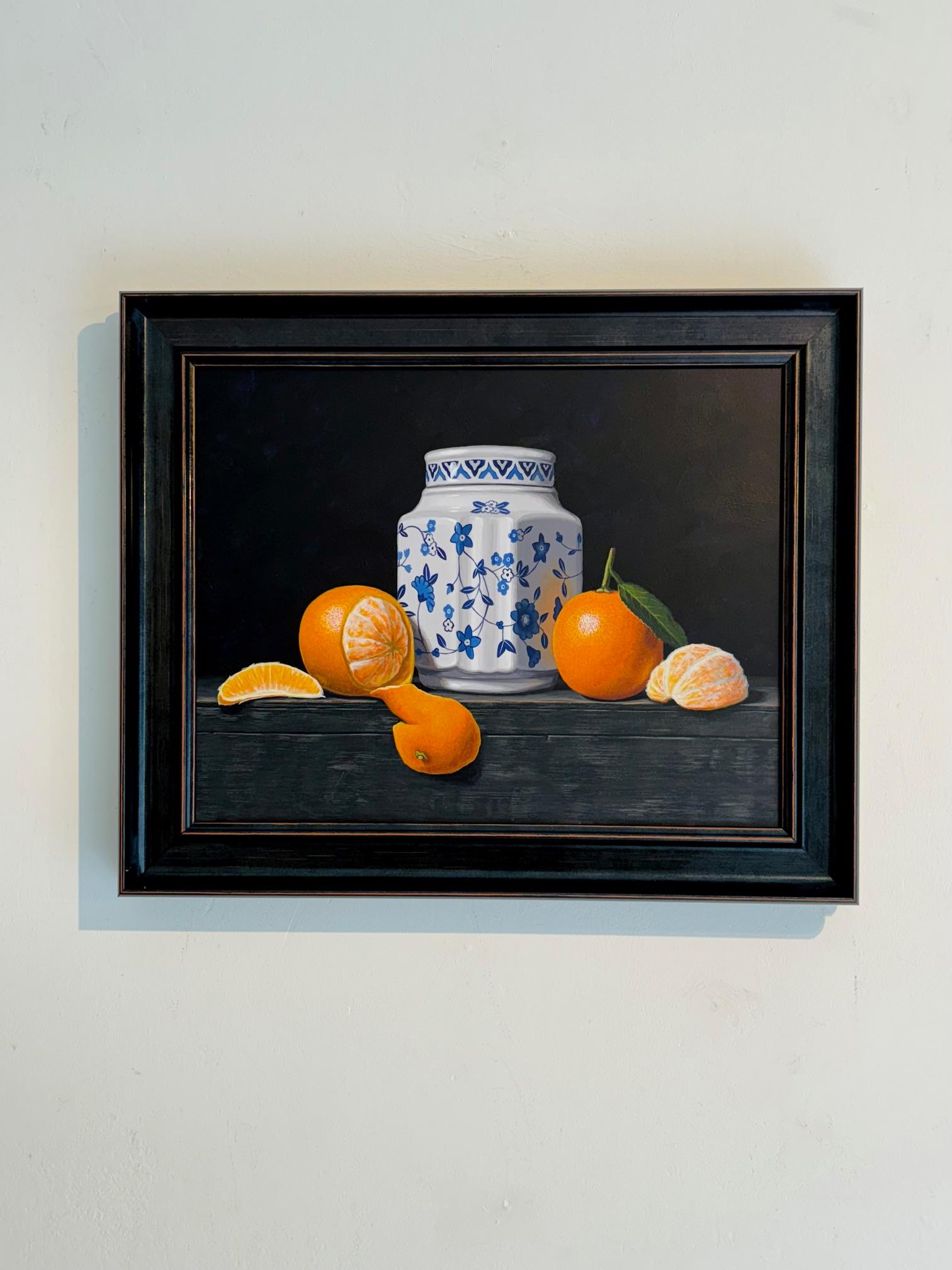 Oranges With Jar - original realism still life acrylic painting art - Painting by Laura Critchlow