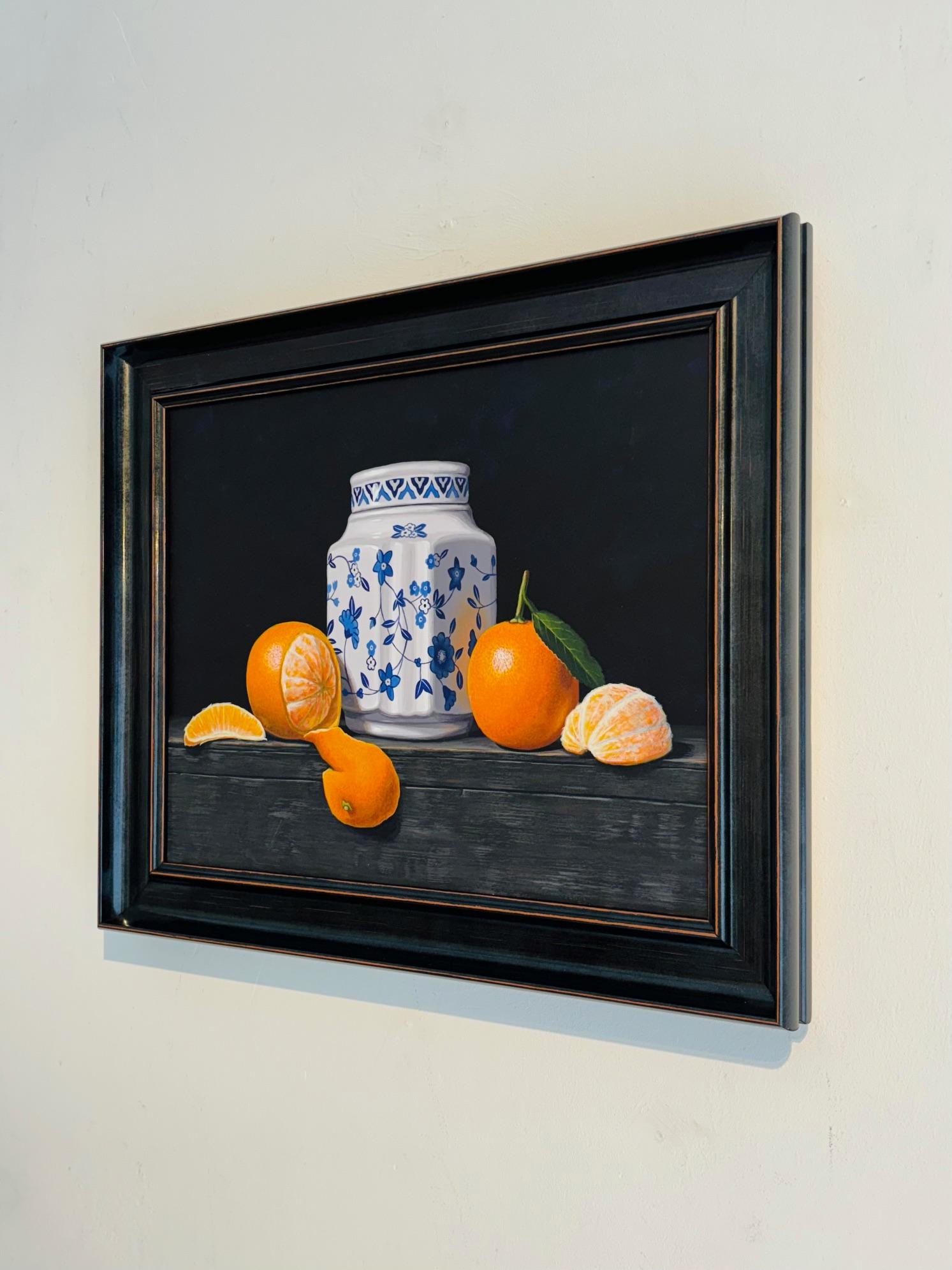 Oranges With Jar - original realism still life acrylic painting art - Realist Painting by Laura Critchlow