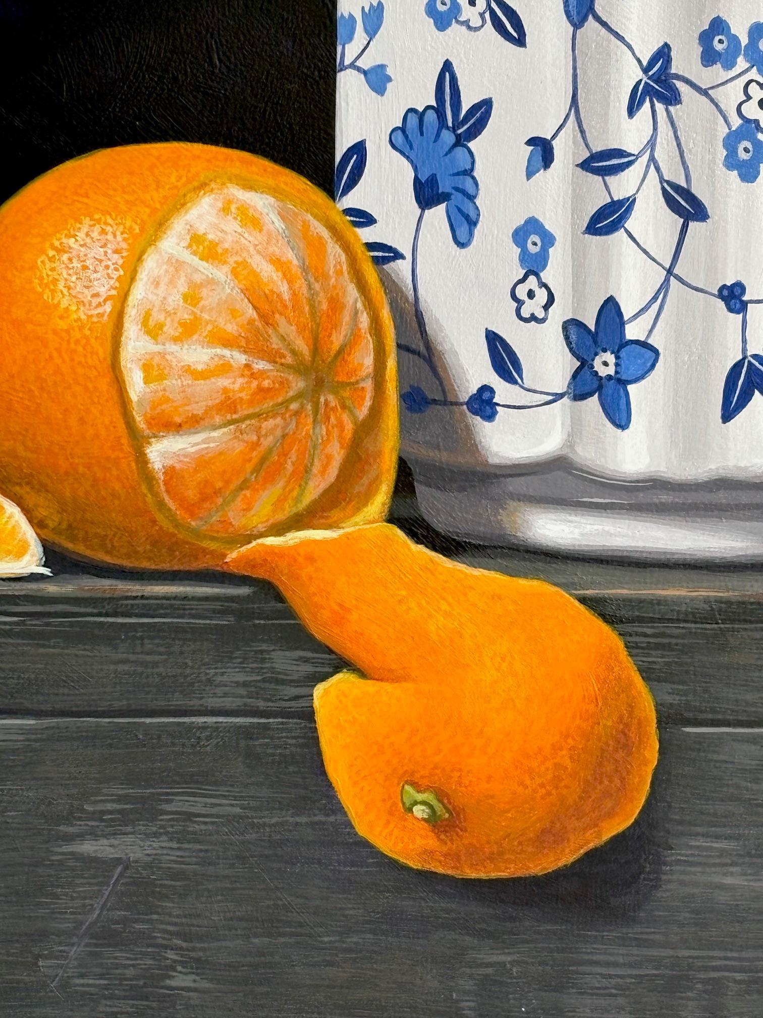 Oranges With Jar - original realism still life acrylic painting art - Black Interior Painting by Laura Critchlow