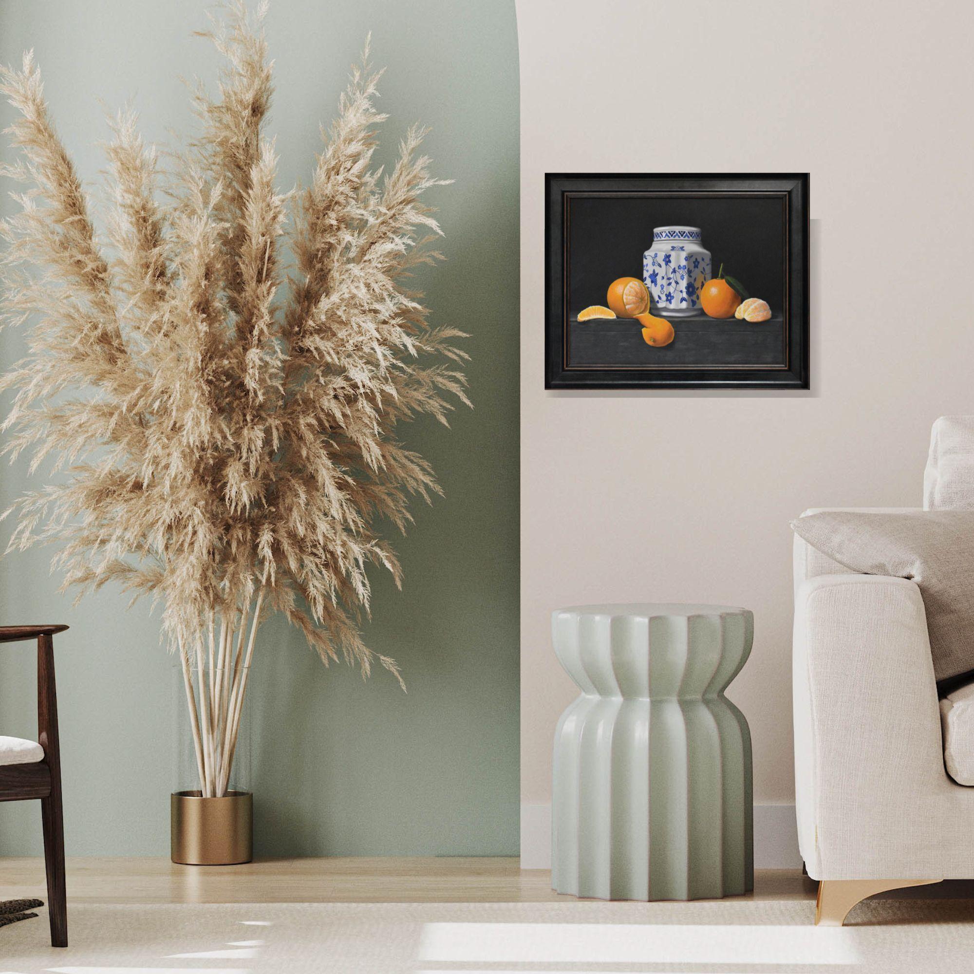 This exceptional artwork is currently on display and available for sale at Signet Contemporary Art Gallery and online.

“Oranges with Jar” by Laura Critchlow is an exquisite still life that brings everyday beauty into sharp focus. Painted in acrylic
