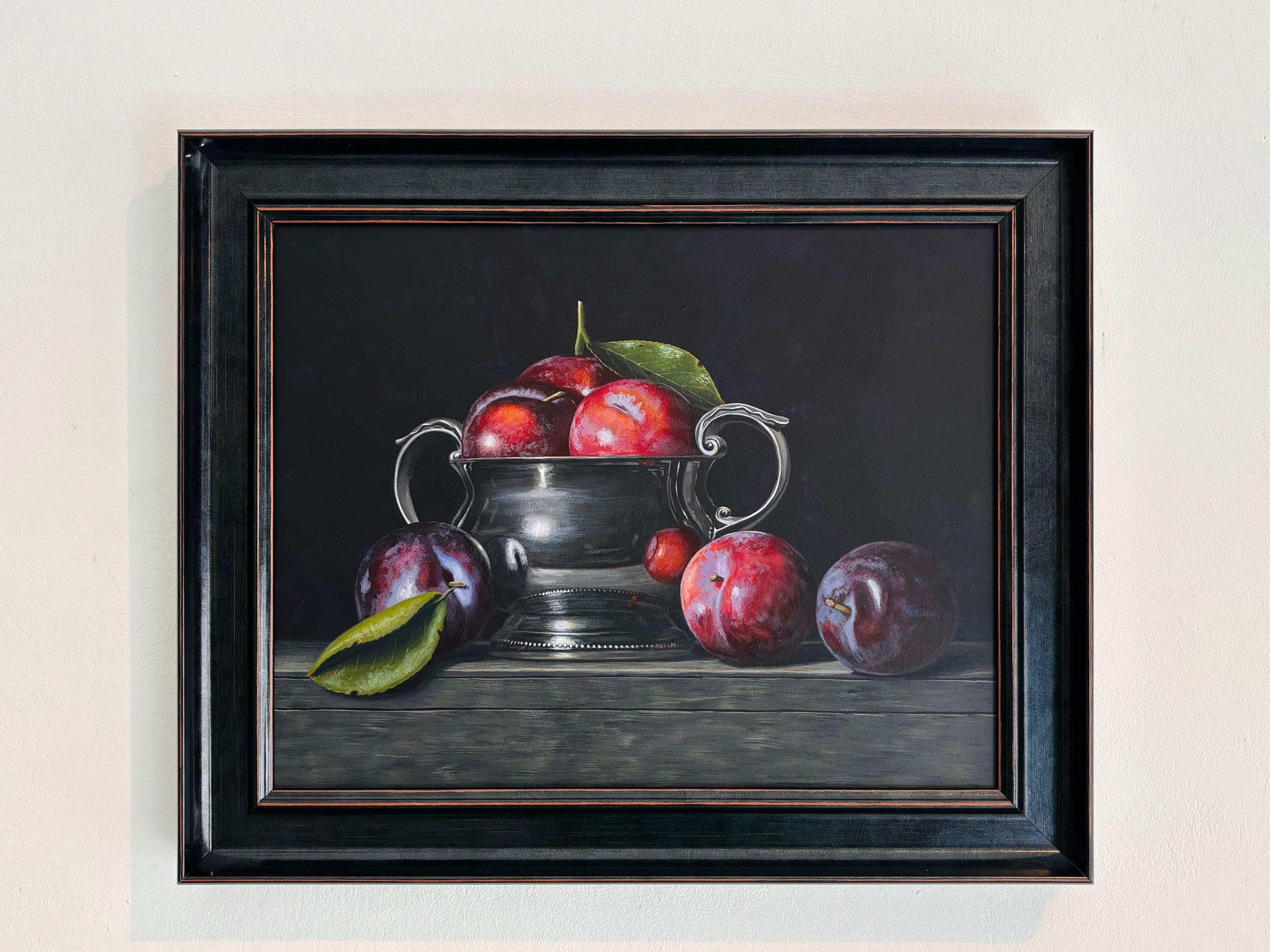 Plums II - original hyperrealism art - acrylic painting -  still life artwork - Realist Painting by Laura Critchlow