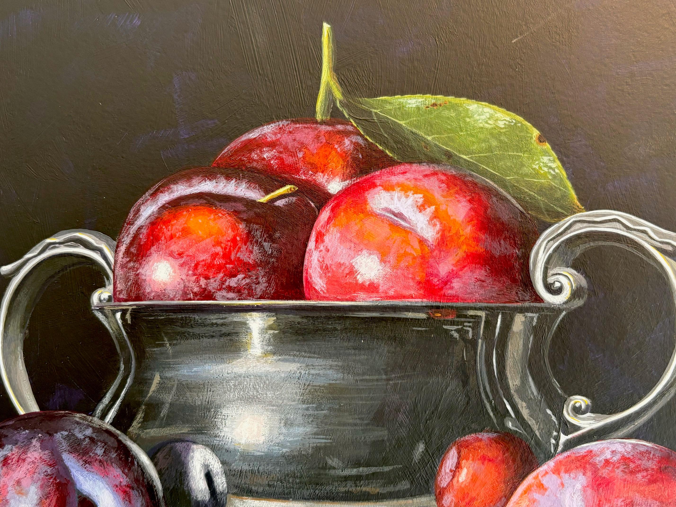 Plums II - original hyperrealism art - acrylic painting -  still life artwork - Black Still-Life Painting by Laura Critchlow