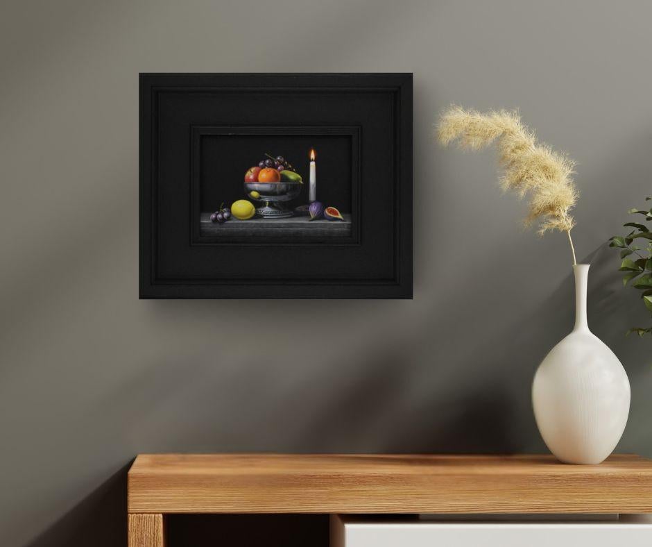 Silver Bowl and Candle - original realism still life painting - contemporary art - Painting by Laura Critchlow