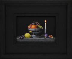 Bol en argent et bougie - peinture originale de nature morte réaliste - art contemporain