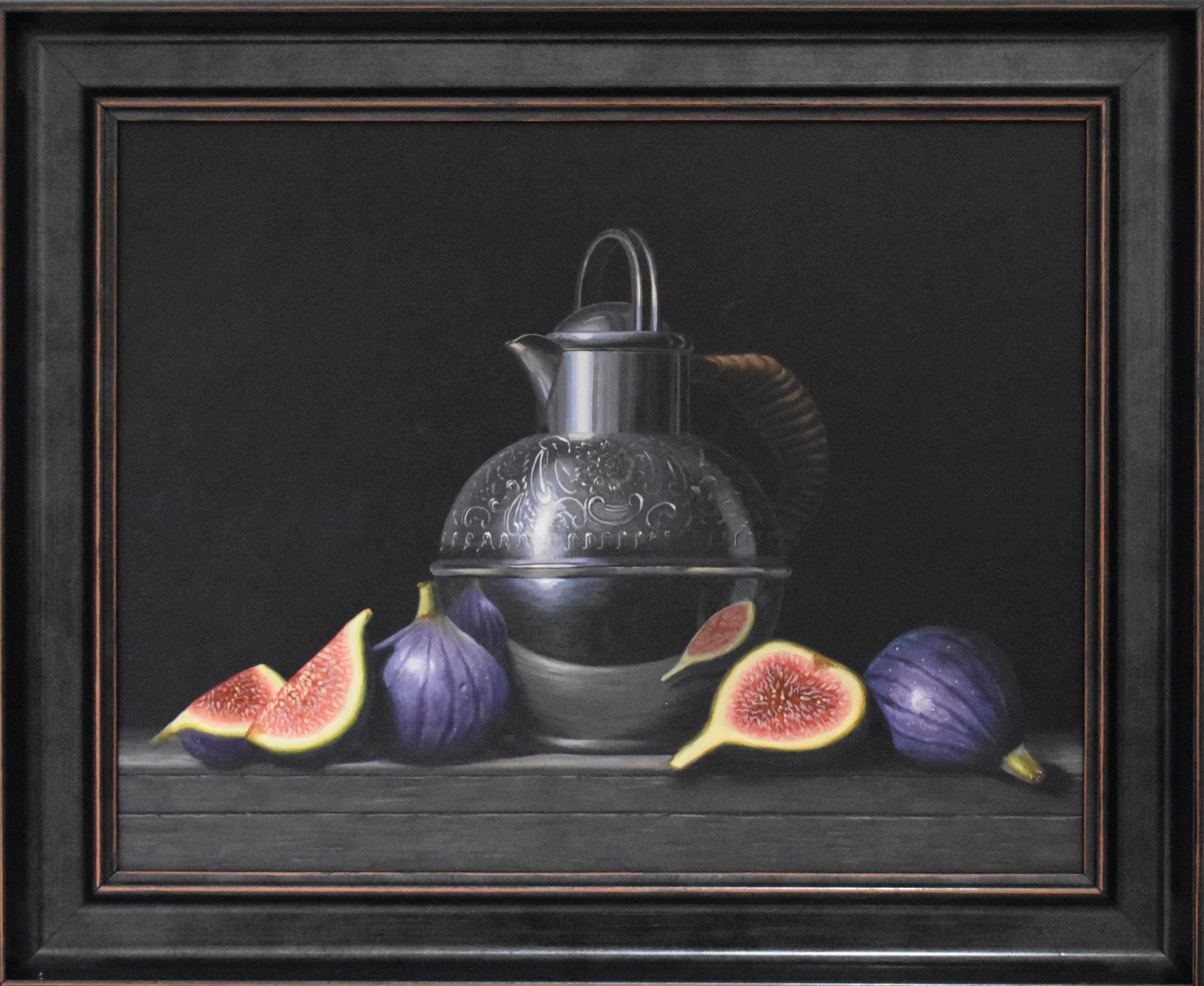 Silver Krug und Feigen - original realismus stillleben malerei - zeitgenössische kunst