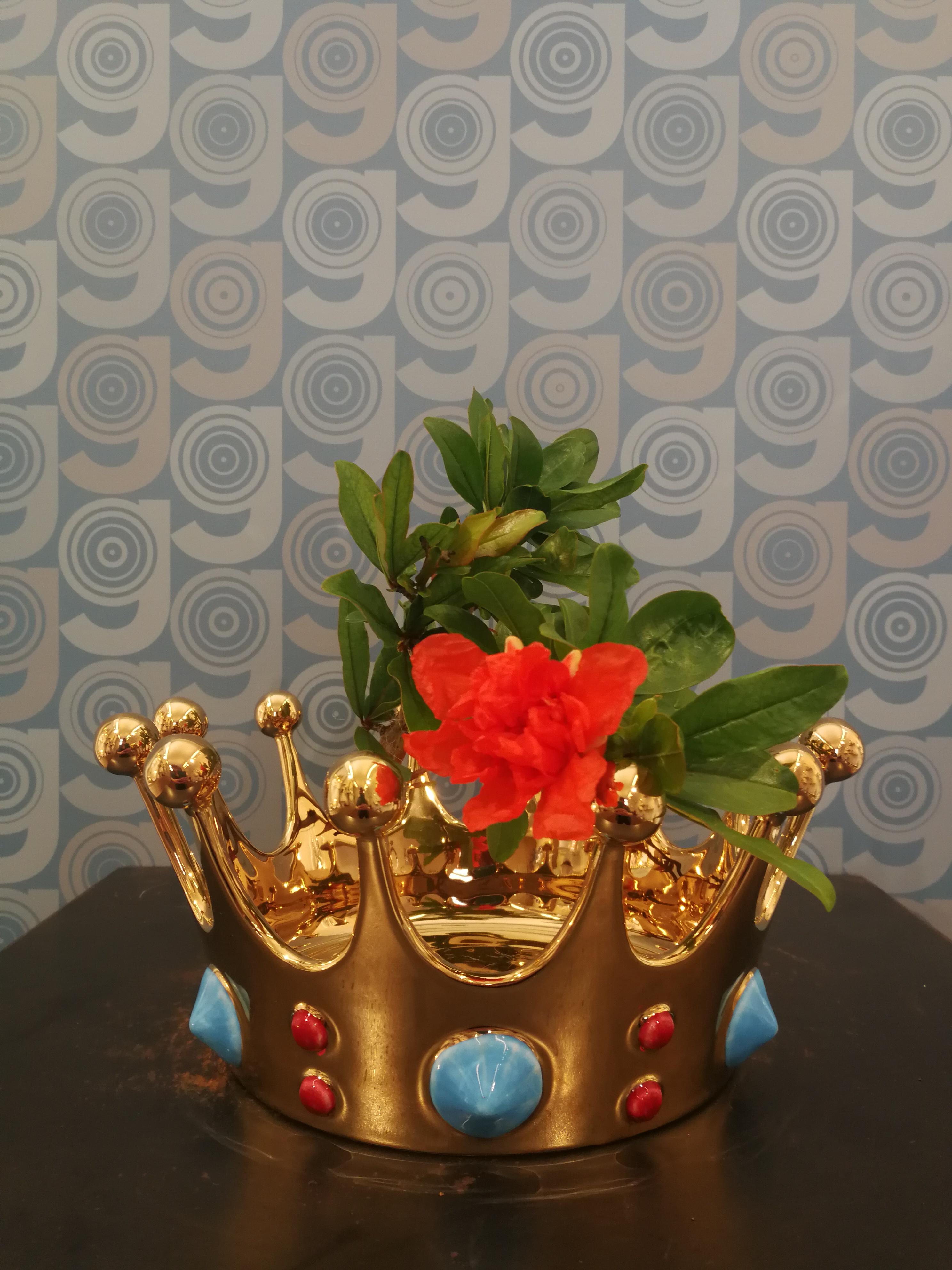 Modern Ceramica Gatti 1928 Crown Bowl Basket Handmade Ceramic Gold Colored Gems For Sale 1