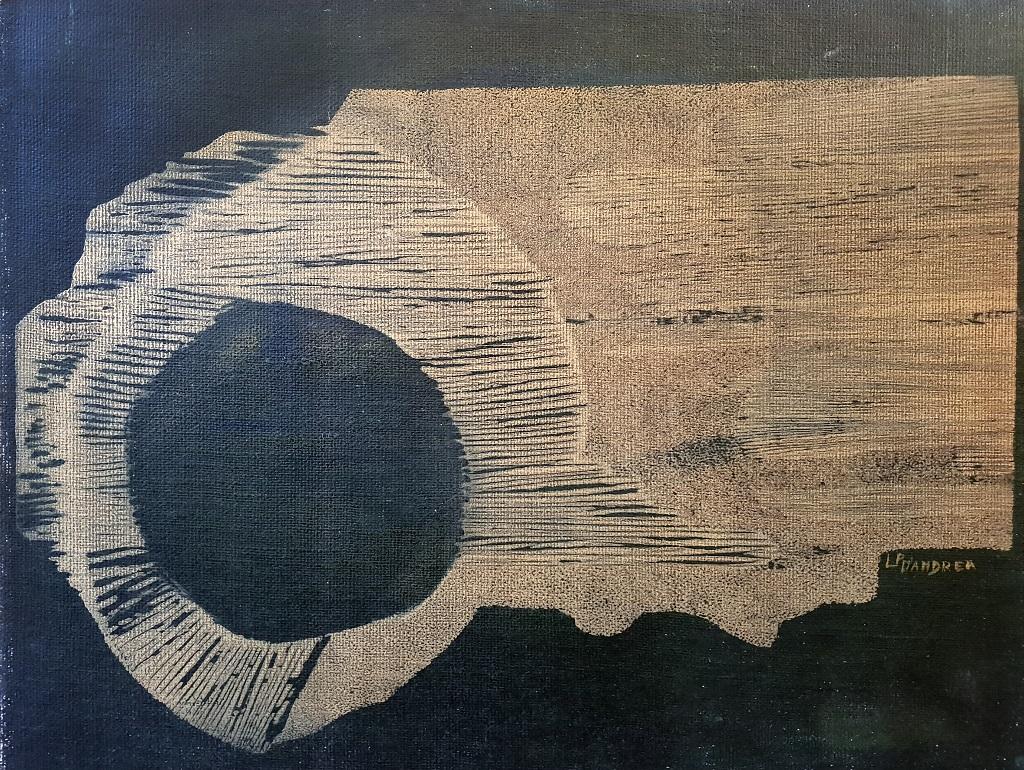 Night Sun ist ein Originalkunstwerk von Laura D'Andrea. Xilographie auf Leinwand. Signiert vom Künstler am unteren rechten Rand. Perfekte Bedingungen. 

Das Kunstwerk stellt eine Kreisform dar, die von einer abstrakten Komposition umgeben ist. Die
