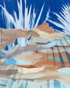 "Billabong" - abstract landscape, cyanotype, blue, clouds, palm, circles