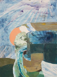 "Bommie" - abstract landscape, cyanotype, blue, clouds, palm, circles