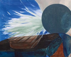 "Closeout" - abstract landscape, cyanotype, blue, red, palm, circles