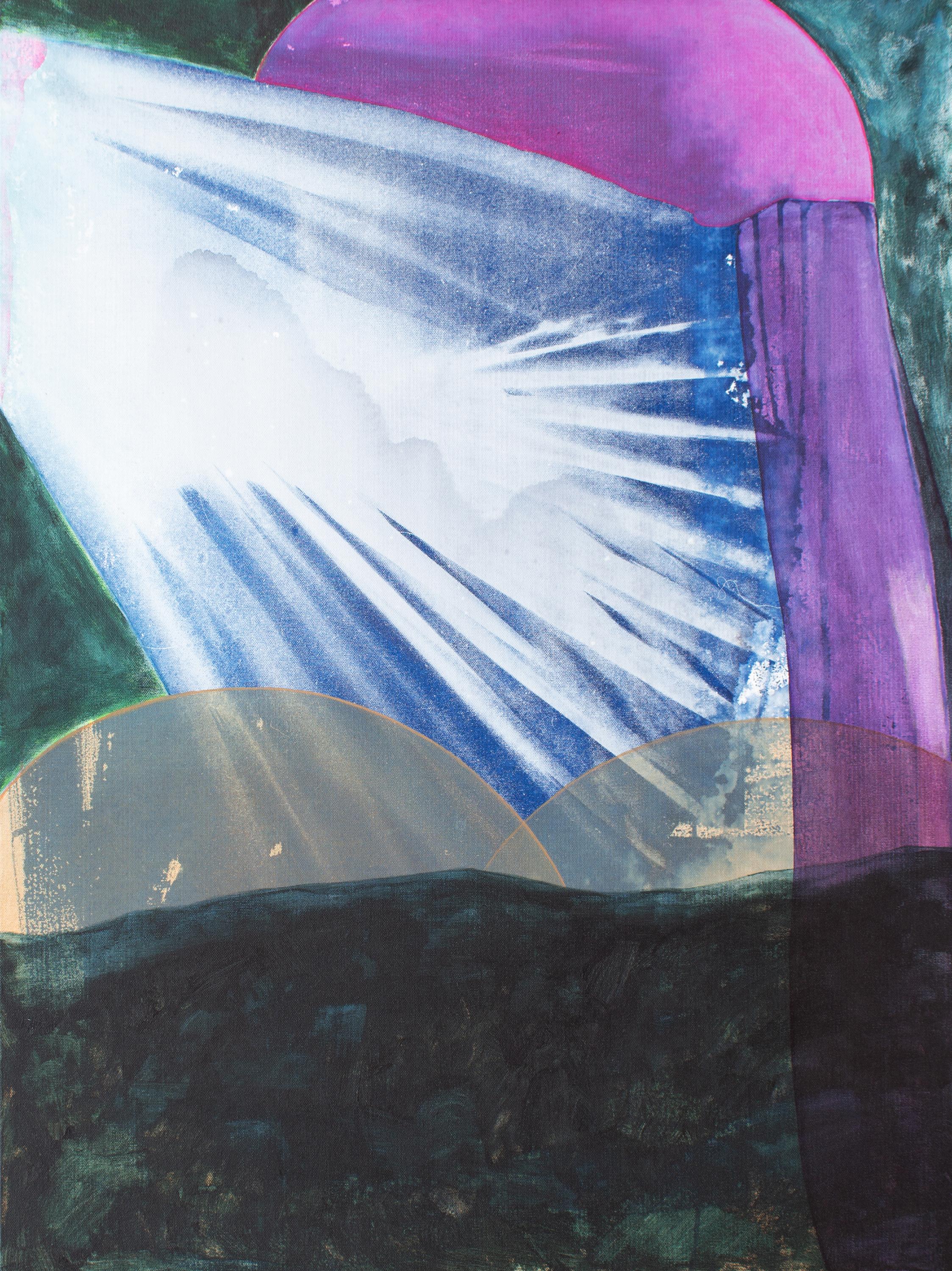 Abstract Painting Laura Dargan - "Daybreak" - paysage abstrait, cyanotype, bleu, violet, palmier