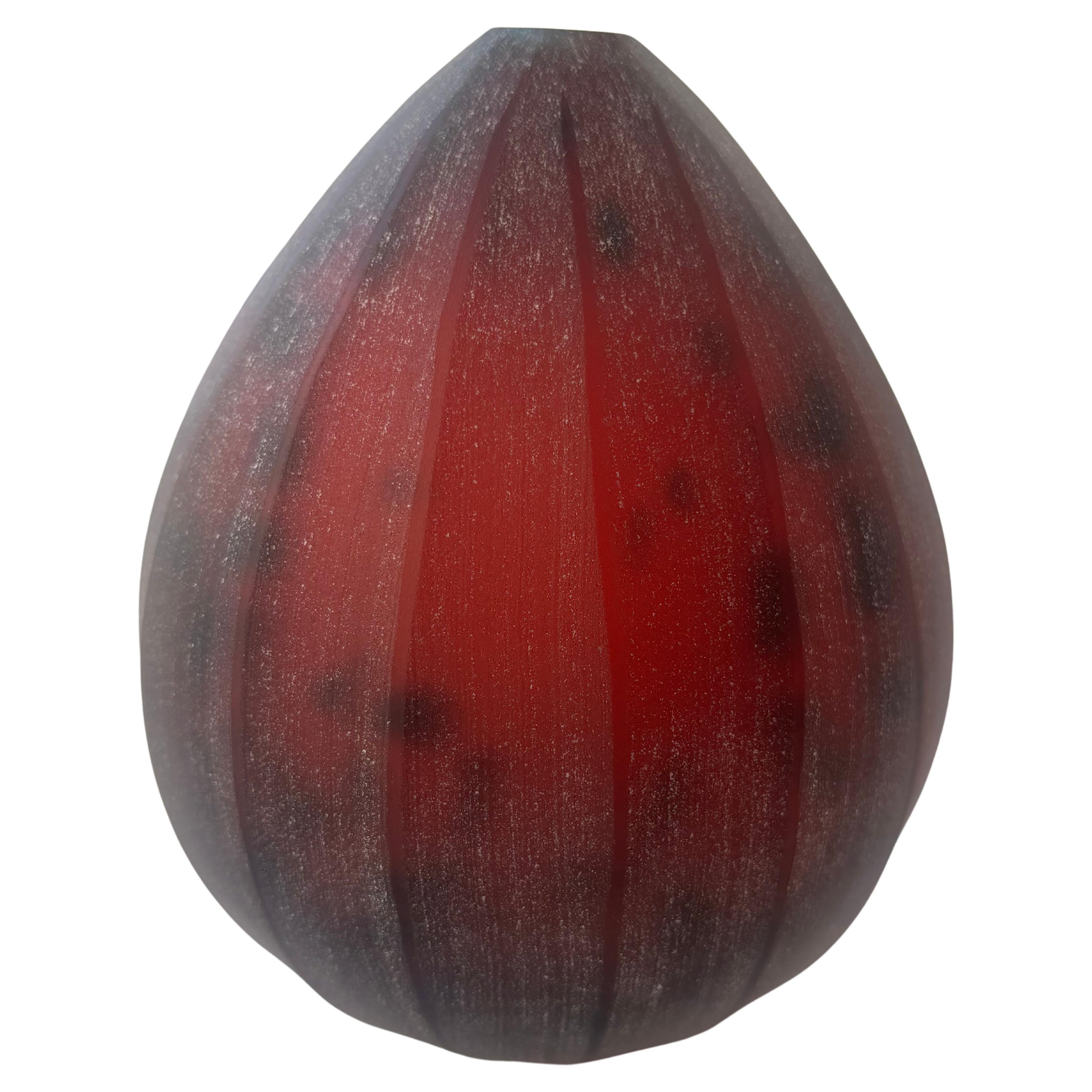 Laura de Santillana Murano rojo moteado  jarrón de cristal grabado Fruta tropical firmado en venta