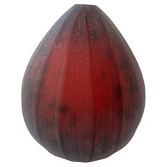 Vintage Laura De Santillana Murano motted red  glass vase etched Tropical Fruit signed
