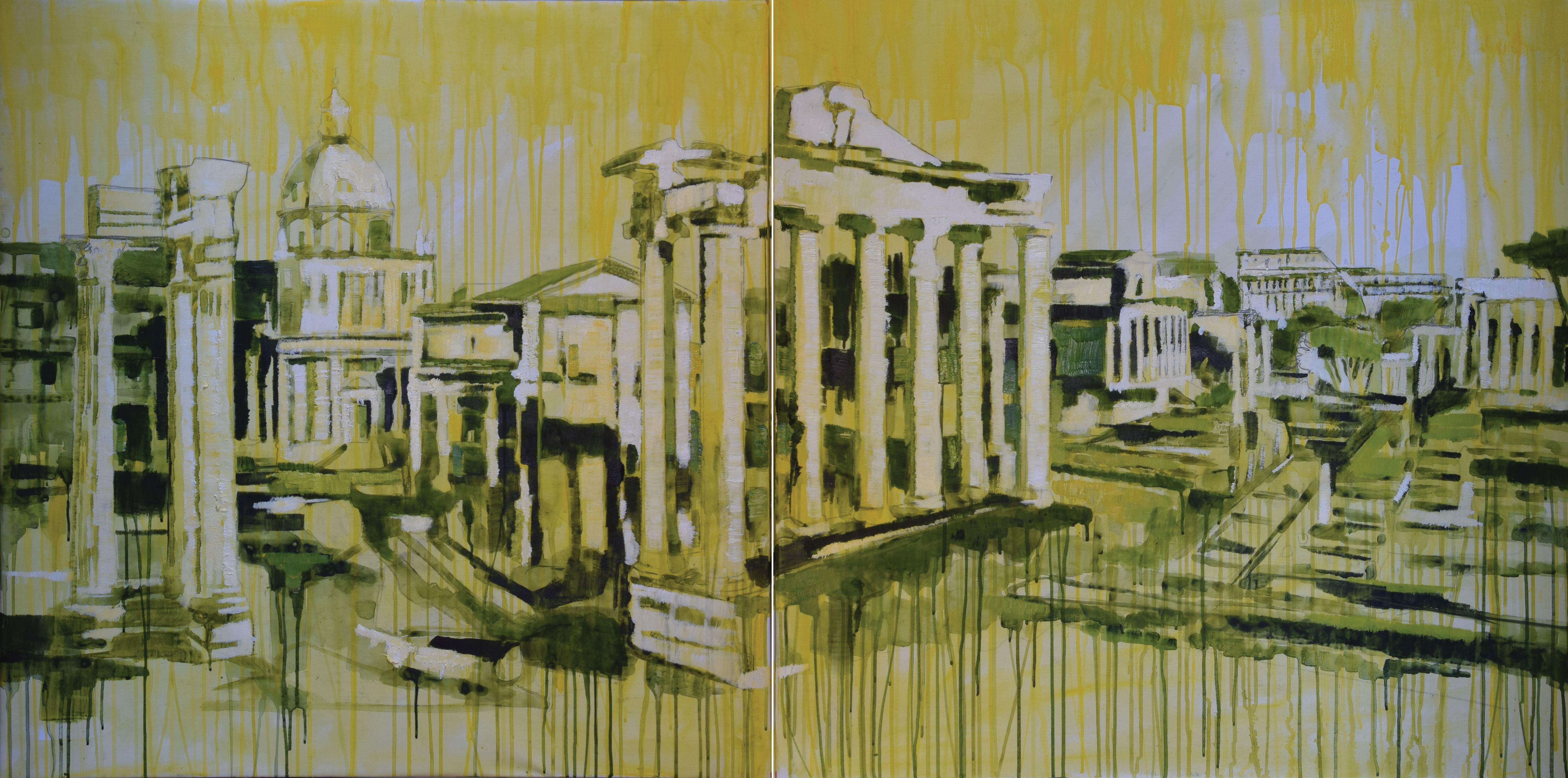 About the painting:
An image of the Imperial Forums of Rome, the ancient city near the Colosseum, Piazza Venezia, Trajan's Markets.
The yellow sky slides over everything, the light transforms matter.

P.S. it is a work divided into two canvases