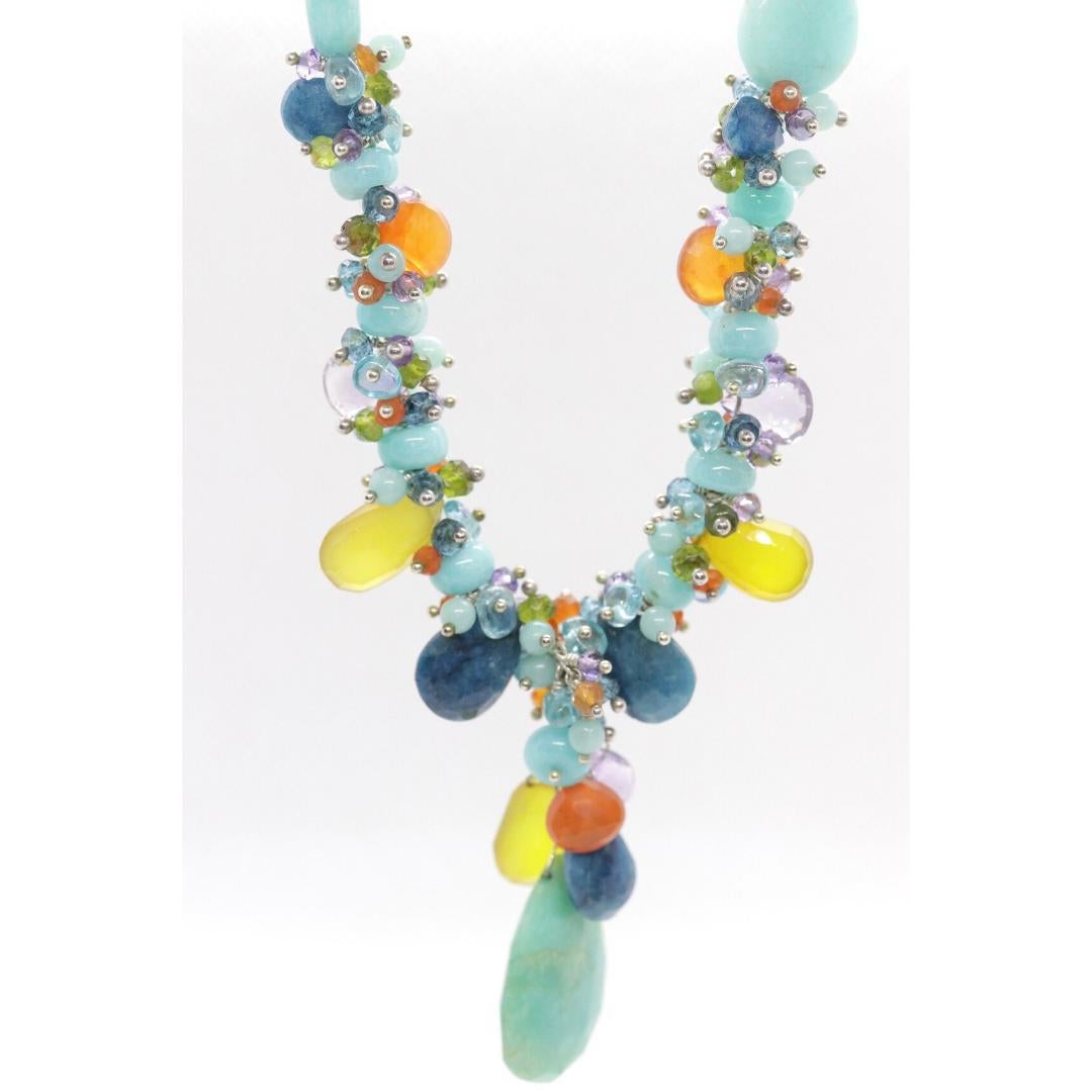 Laura Gibson Necklace. Gibson Sterling Silver Amazonite Dangling Candy multi-gem In Good Condition In Port Charlotte, FL