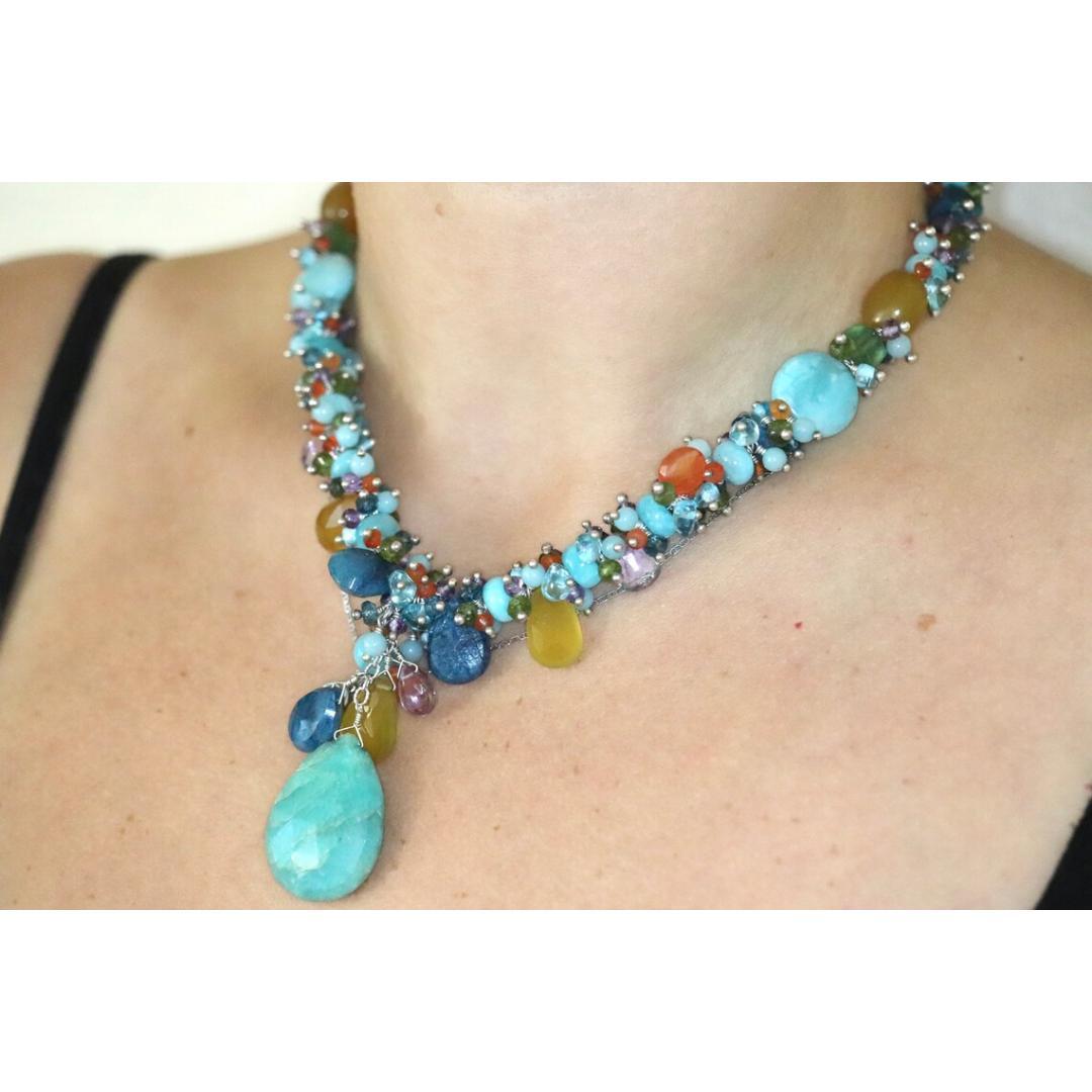 Women's Laura Gibson Necklace. Gibson Sterling Silver Amazonite Dangling Candy multi-gem
