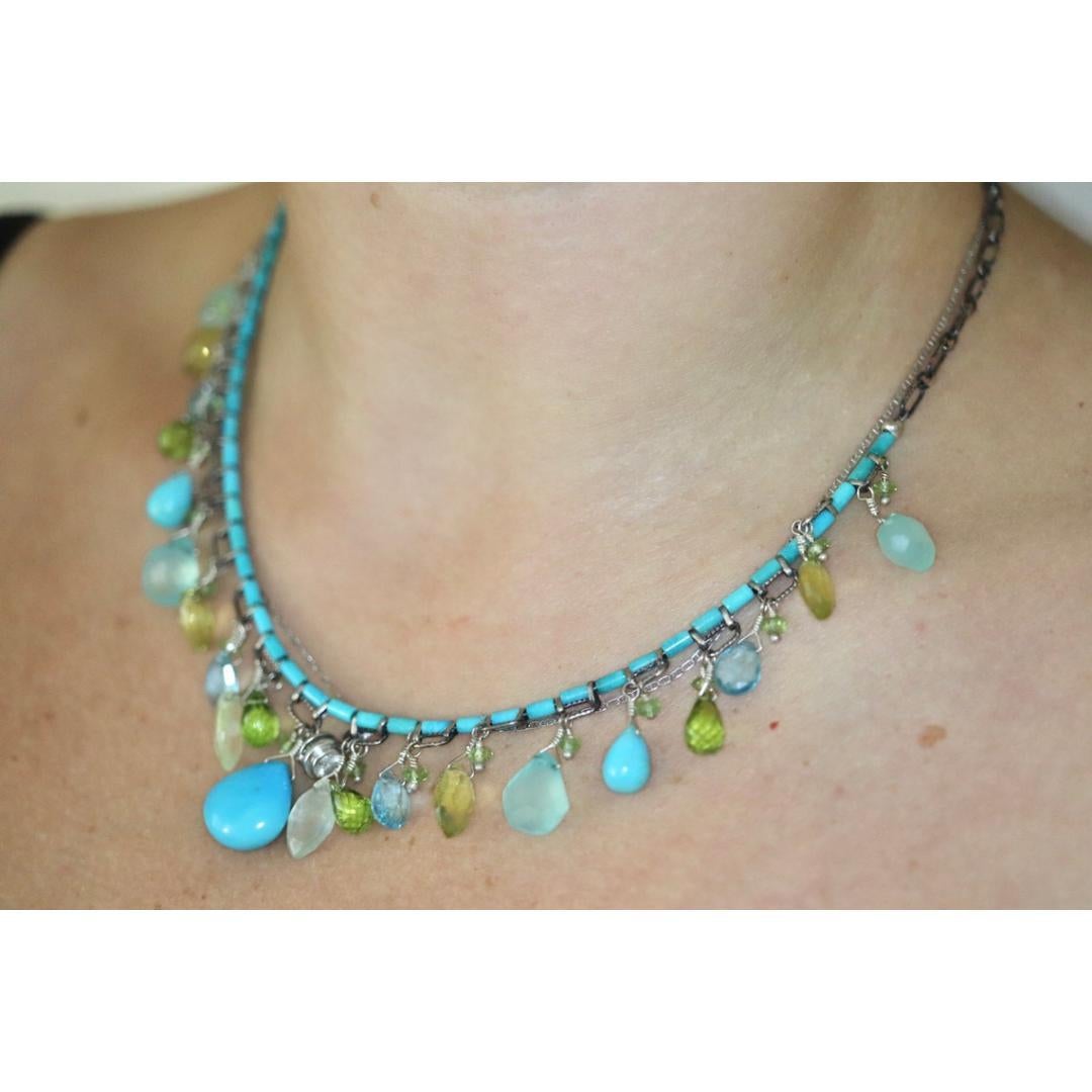 Laura Gibson Necklace. Gibson Sterling Silver Turquoise Dangling Candy multi-gem For Sale 6