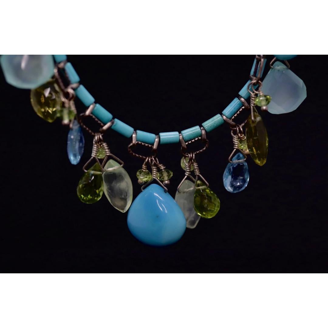 Laura Gibson Necklace. Gibson Sterling Silver Turquoise Dangling Candy multi-gem In Good Condition For Sale In Port Charlotte, FL