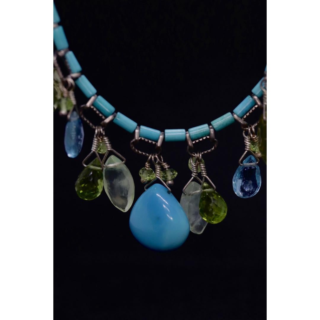 Laura Gibson Necklace. Gibson Sterling Silver Turquoise Dangling Candy multi-gem For Sale 1
