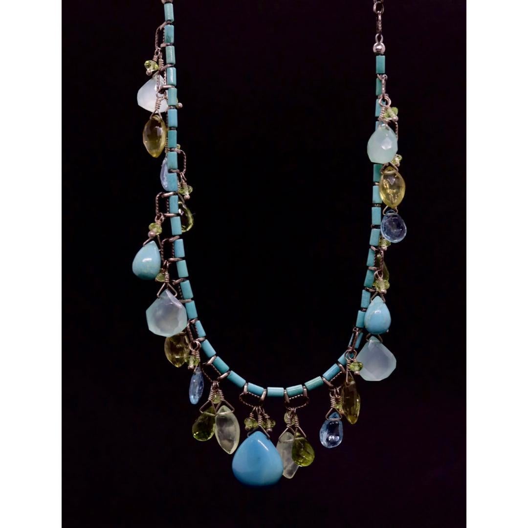 Laura Gibson Necklace. Gibson Sterling Silver Turquoise Dangling Candy multi-gem For Sale 2