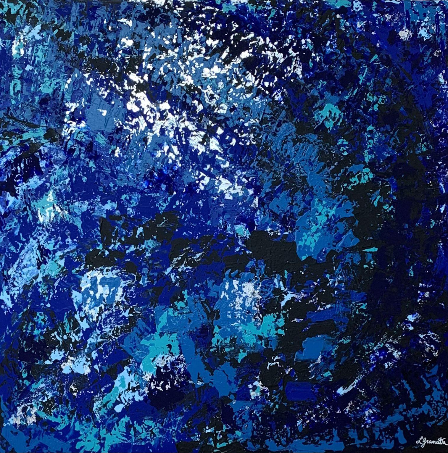 The magic of a starry night and the mystery of an ocean deep, interact through silver leaf and blue acrylic paint.  A scintillating energy is created through these two powers of nature. A glossy varnish completes this soothing yet exciting Big Art