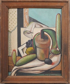 Antique American Signed Cubist Cactus Still Life Framed Female Art Oil Painting