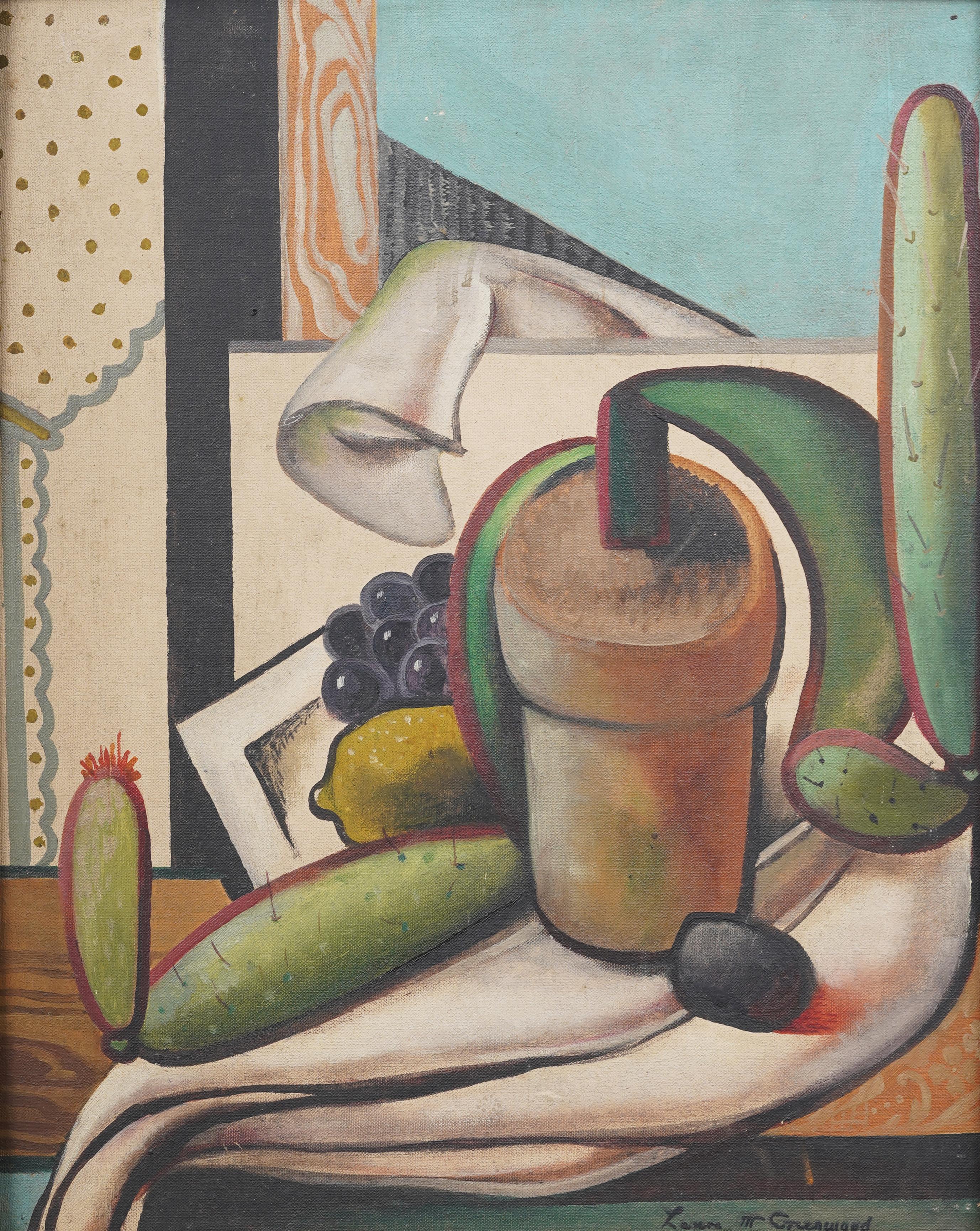 Antiguo y raro cuadro al óleo cubista firmado en EE.UU. Naturaleza muerta de cactus enmarcado - Painting Cubista de Laura Greenwood