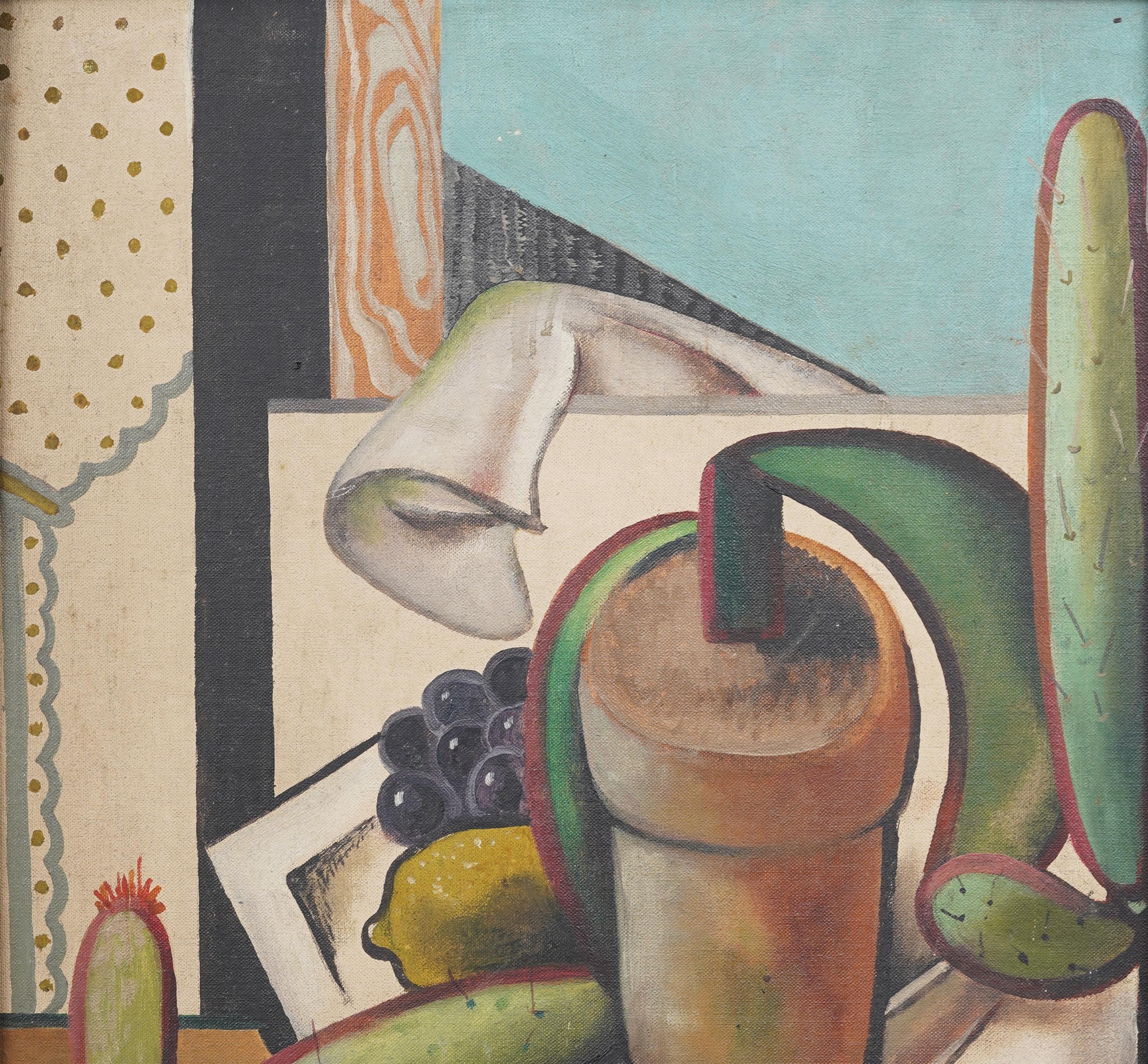 Antiguo y raro cuadro al óleo cubista firmado en EE.UU. Naturaleza muerta de cactus enmarcado - Still-Life Painting Marrón de Laura Greenwood