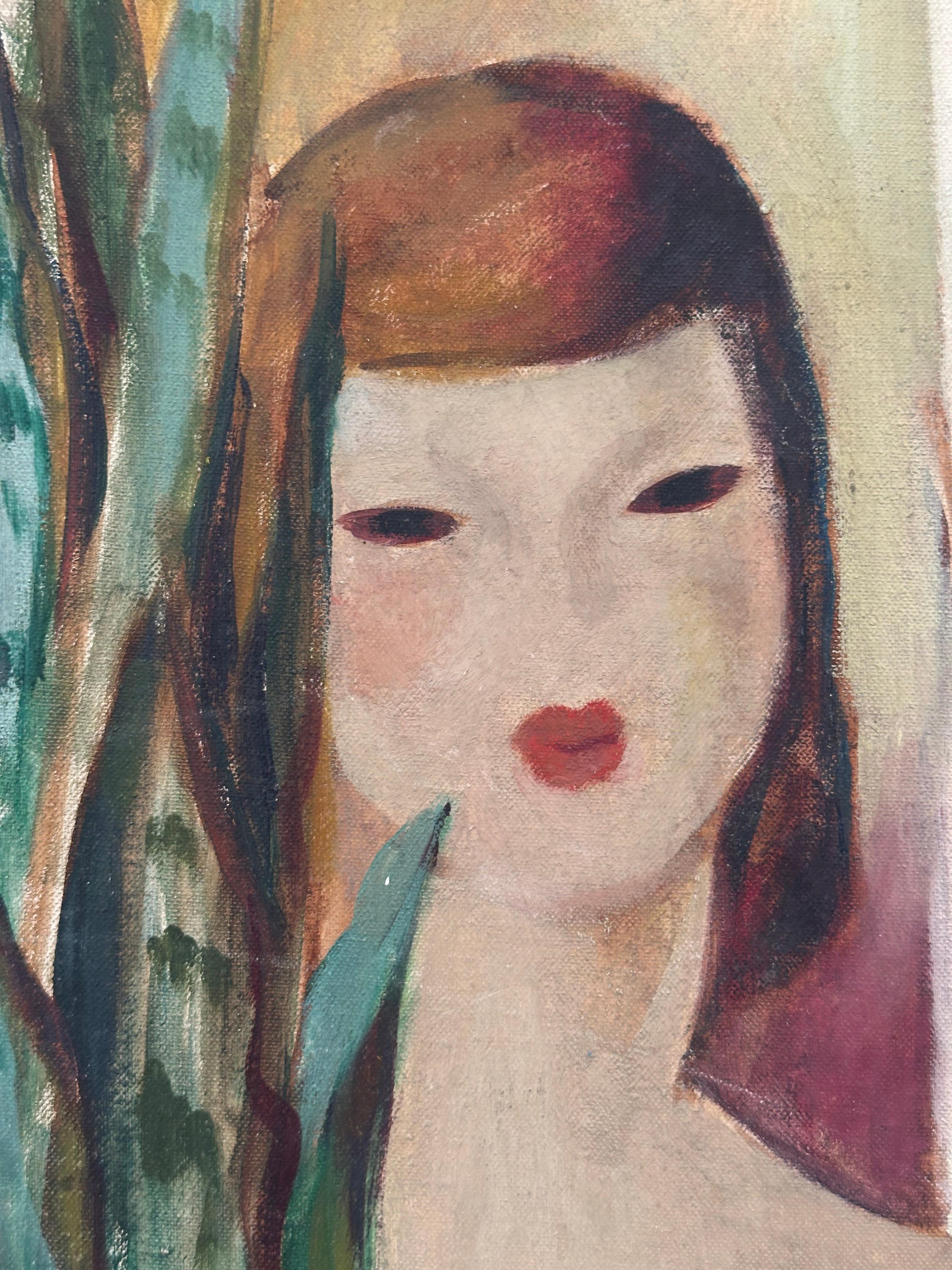 Art Deco nude young woman in mirror Modernist portrait - Painting by Laura Greenwood