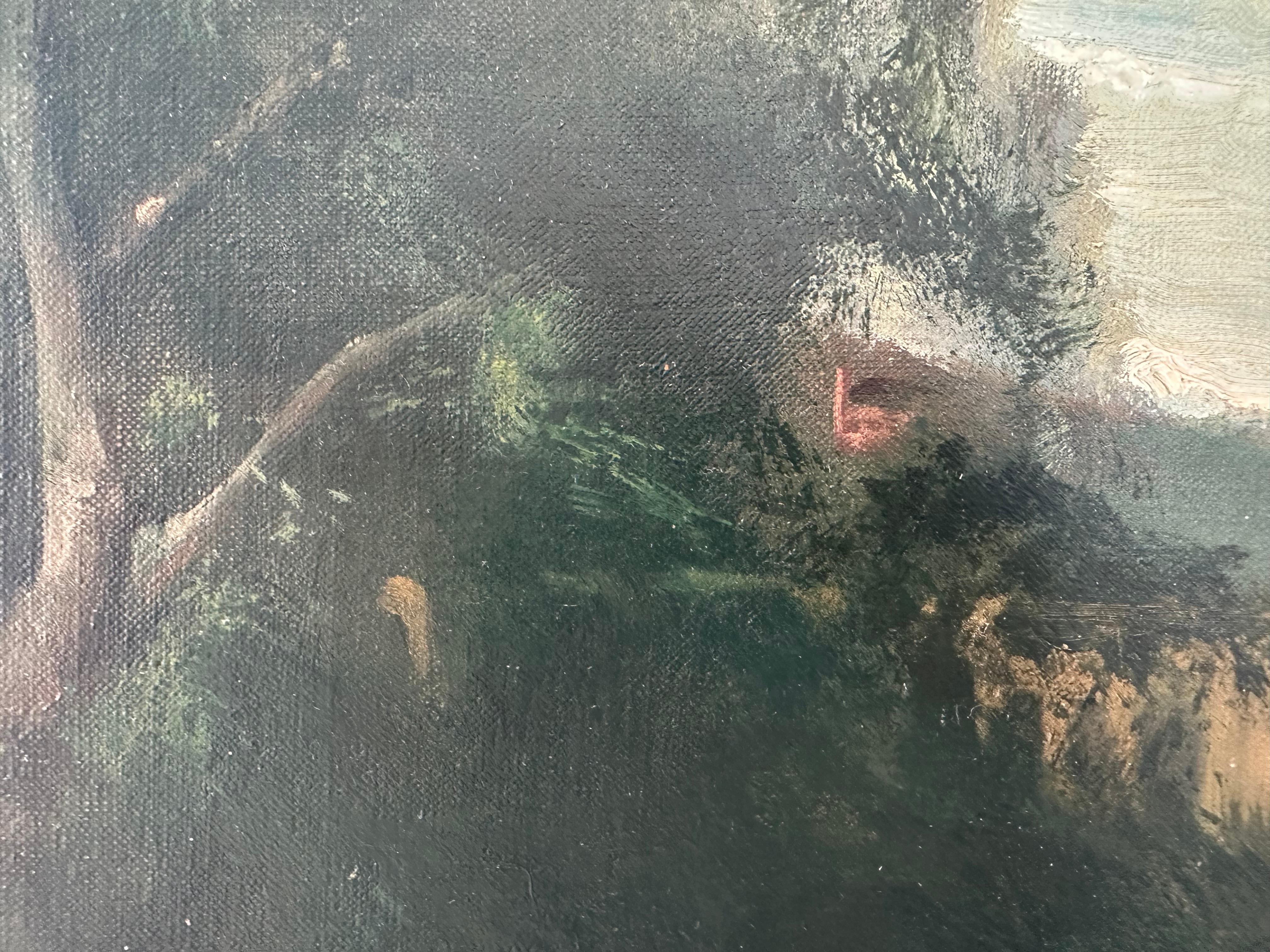 Laura M. GREENWOOD (1897-1951). 

Ponte di Greene & Greene, Manayunk, Philadelphia PA.

Olio su tela, 16 x 18 pollici.

Firmato e intitolato sulla barella sul retro. Ottime condizioni con lievi perdite di colore nel margine superiore destro del